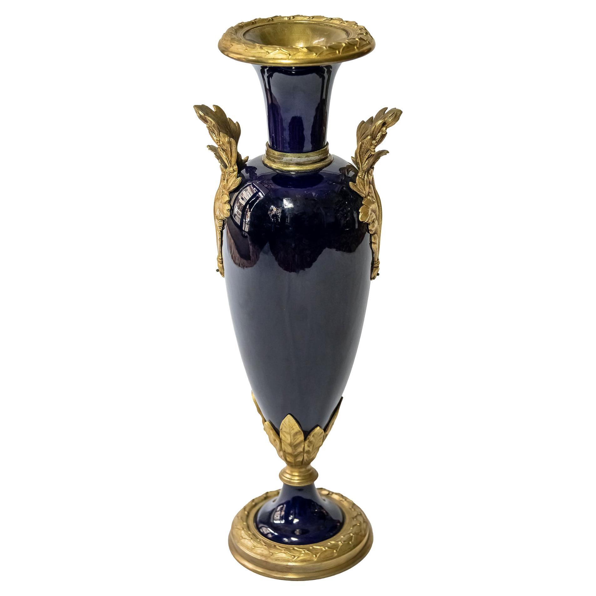 Antique French Porcelain Cobalt Blue and Bronze Vase For Sale