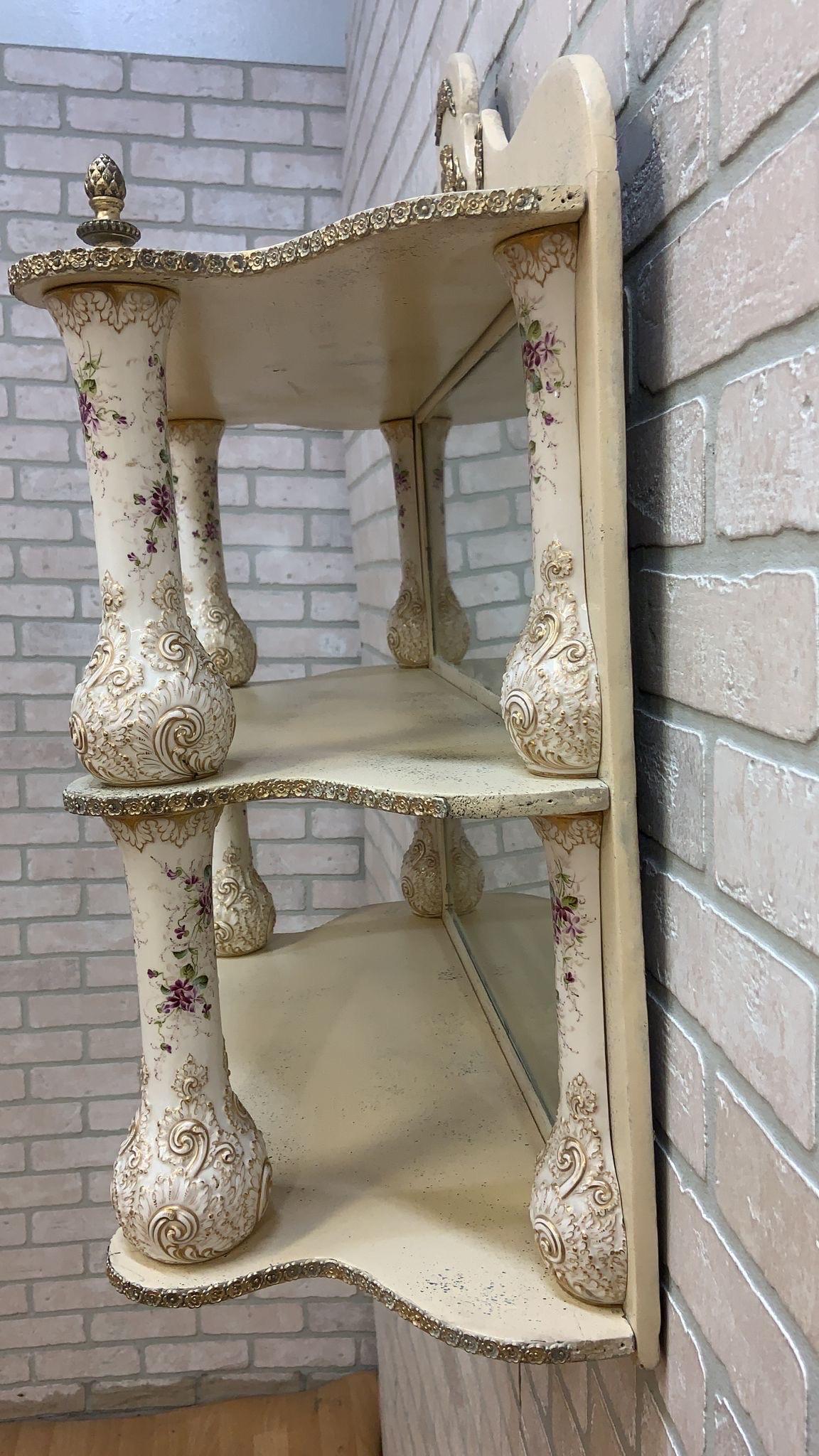 20th Century Antique French Porcelain Columned Brass Mounted Wall Shelf with/Mirror Back For Sale