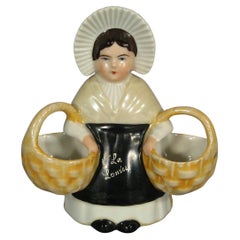 Vintage French Porcelain Condiment Set with La Louvesc Peasant Motif -1Y17