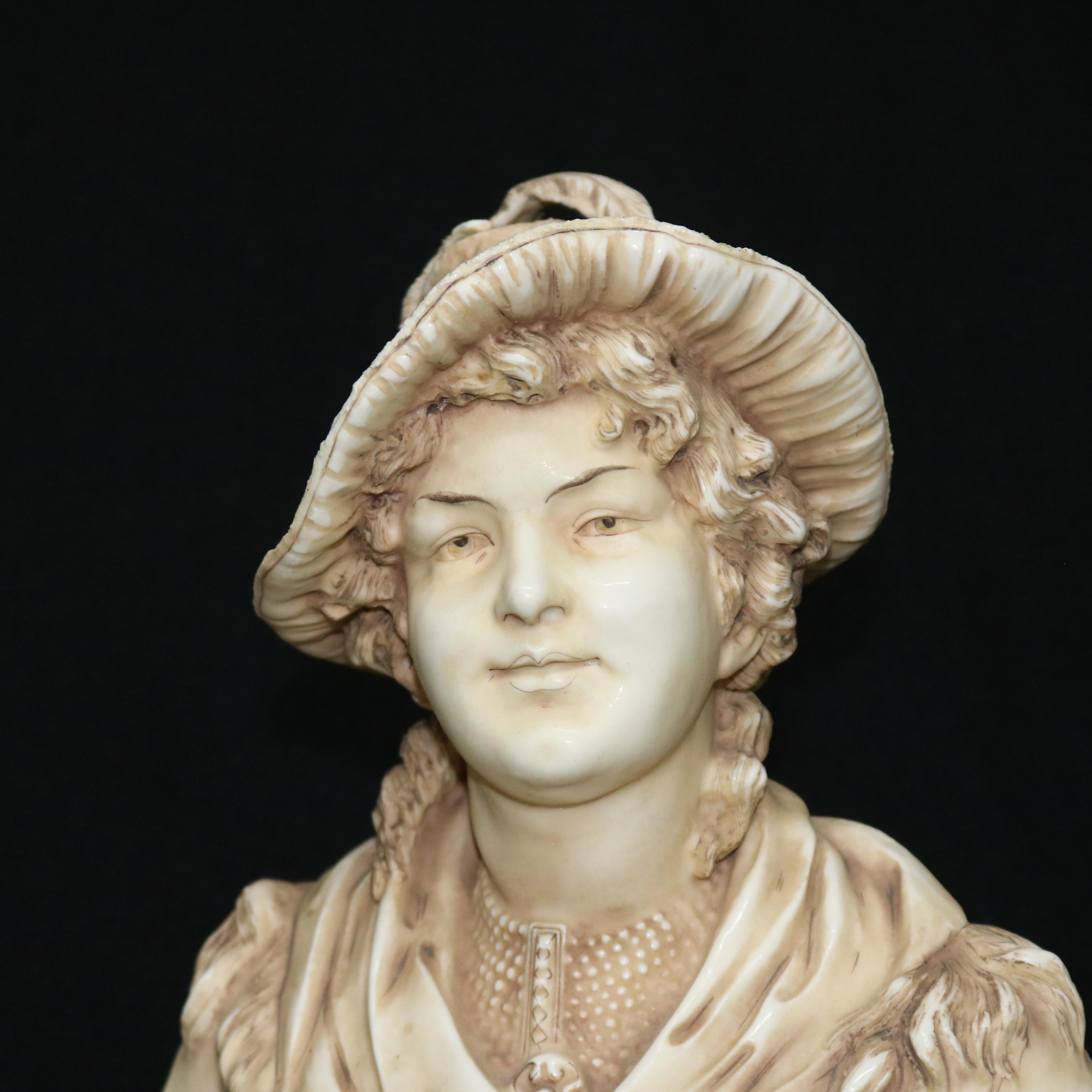 An antique French figural porcelain bust depicts a Victorian woman (girl) in hat with feathers, raised on flared and paneled plinth, hand signed and numbered on base as photographed, circa 1890

Measures: 11.5