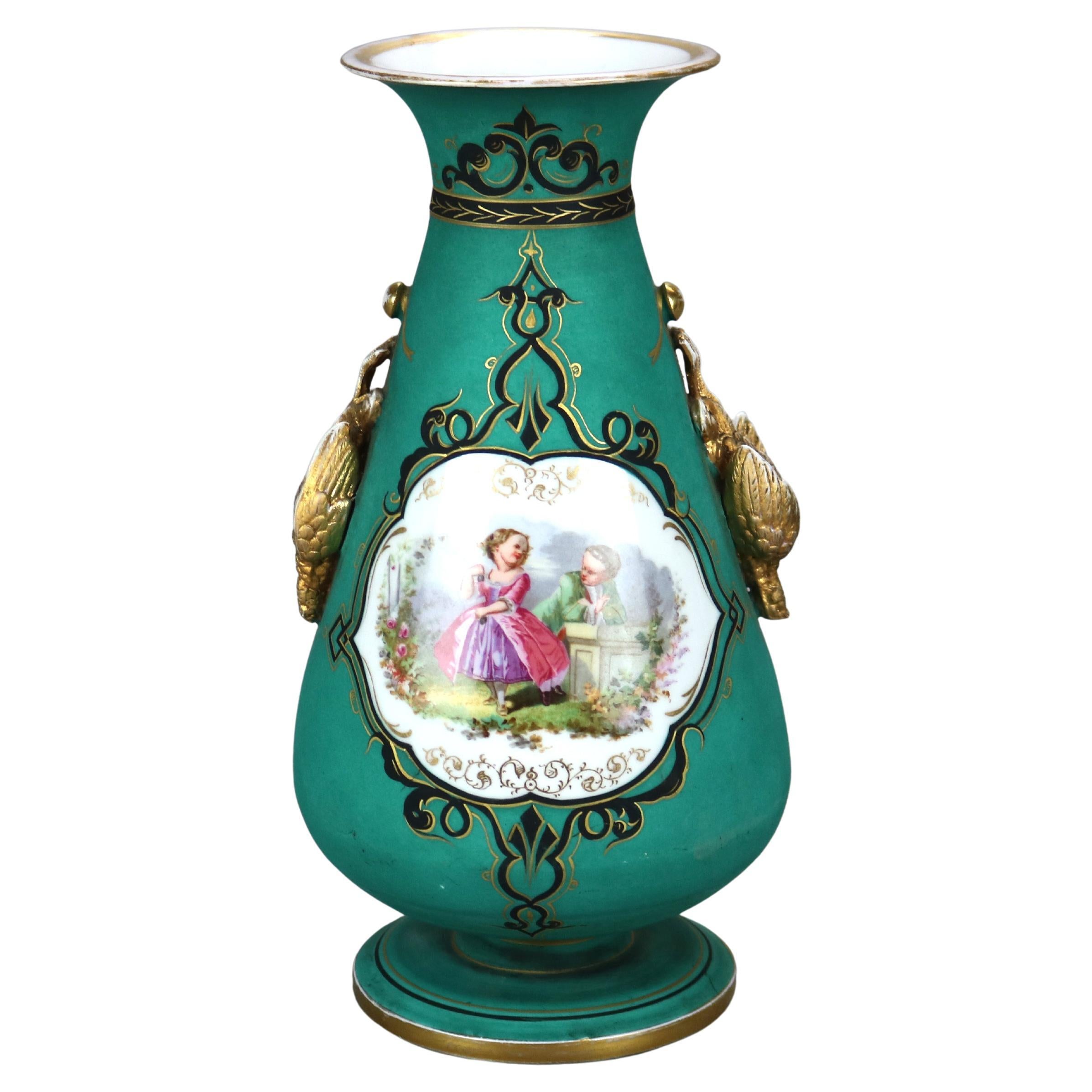 Antique French Porcelain Figural & Gilt Hand Painted Vase with Pheasant Handles
