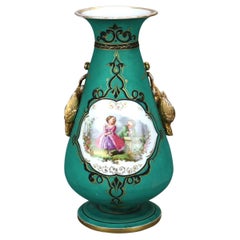 Antique French Porcelain Figural & Gilt Hand Painted Vase with Pheasant Handles