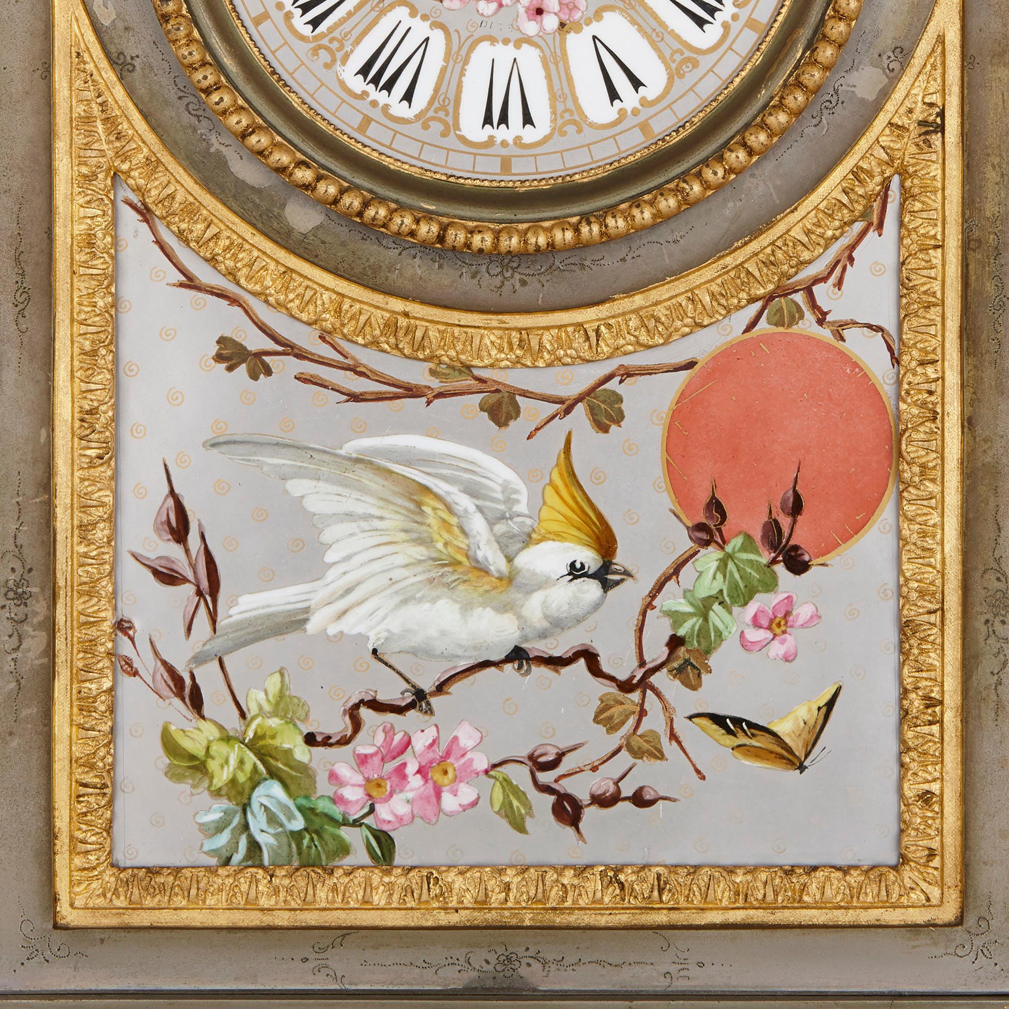 Chinese Export Antique French Porcelain, Gilt and Silvered Brass Clock Set For Sale