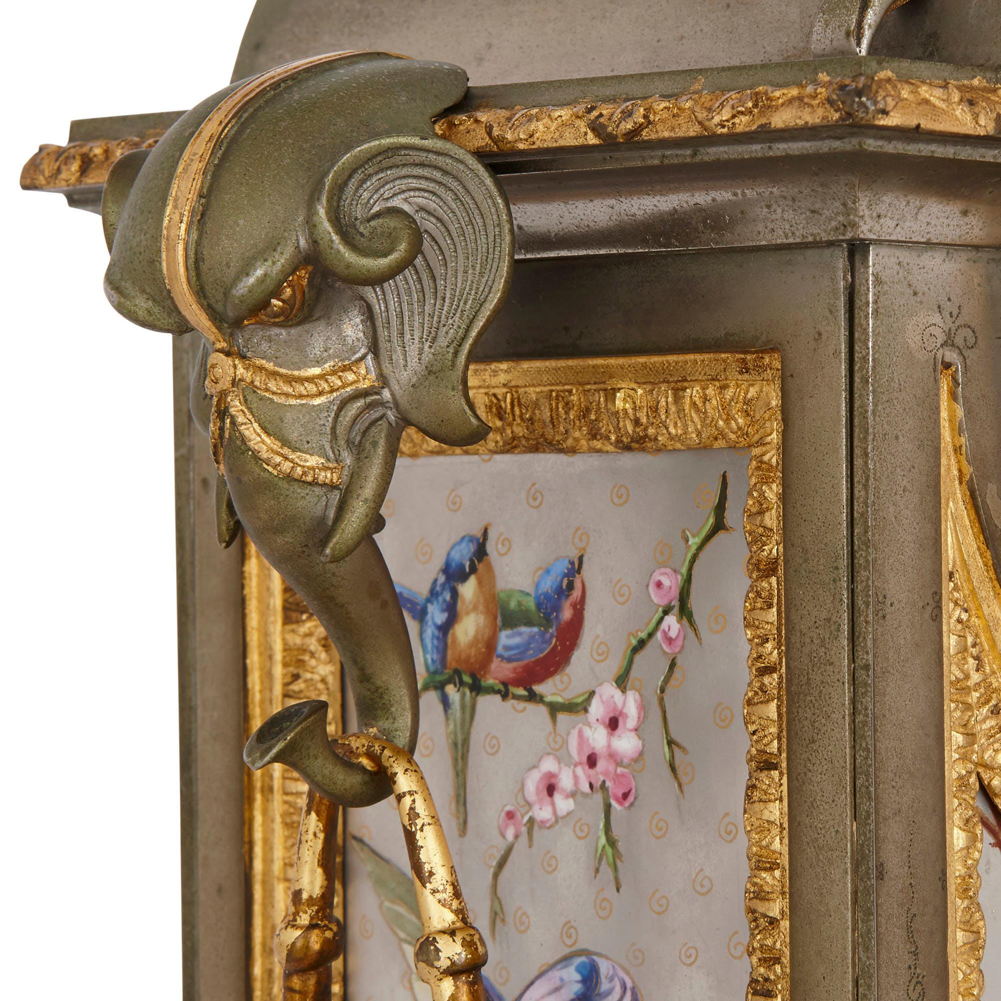 Antique French Porcelain, Gilt and Silvered Brass Clock Set In Good Condition For Sale In London, GB
