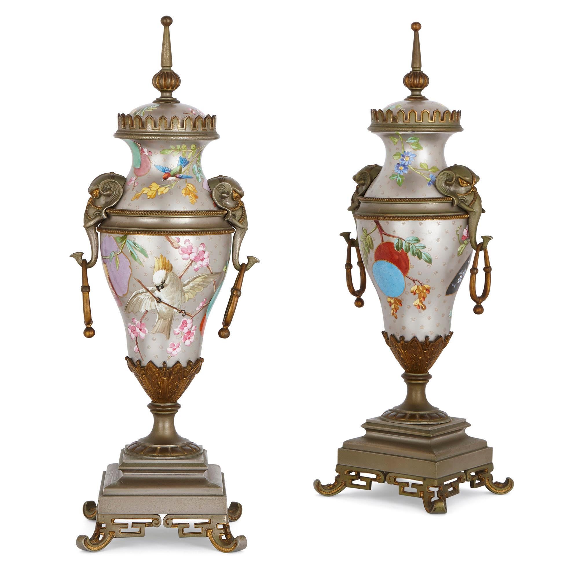 Antique French Porcelain, Gilt and Silvered Brass Clock Set For Sale 1