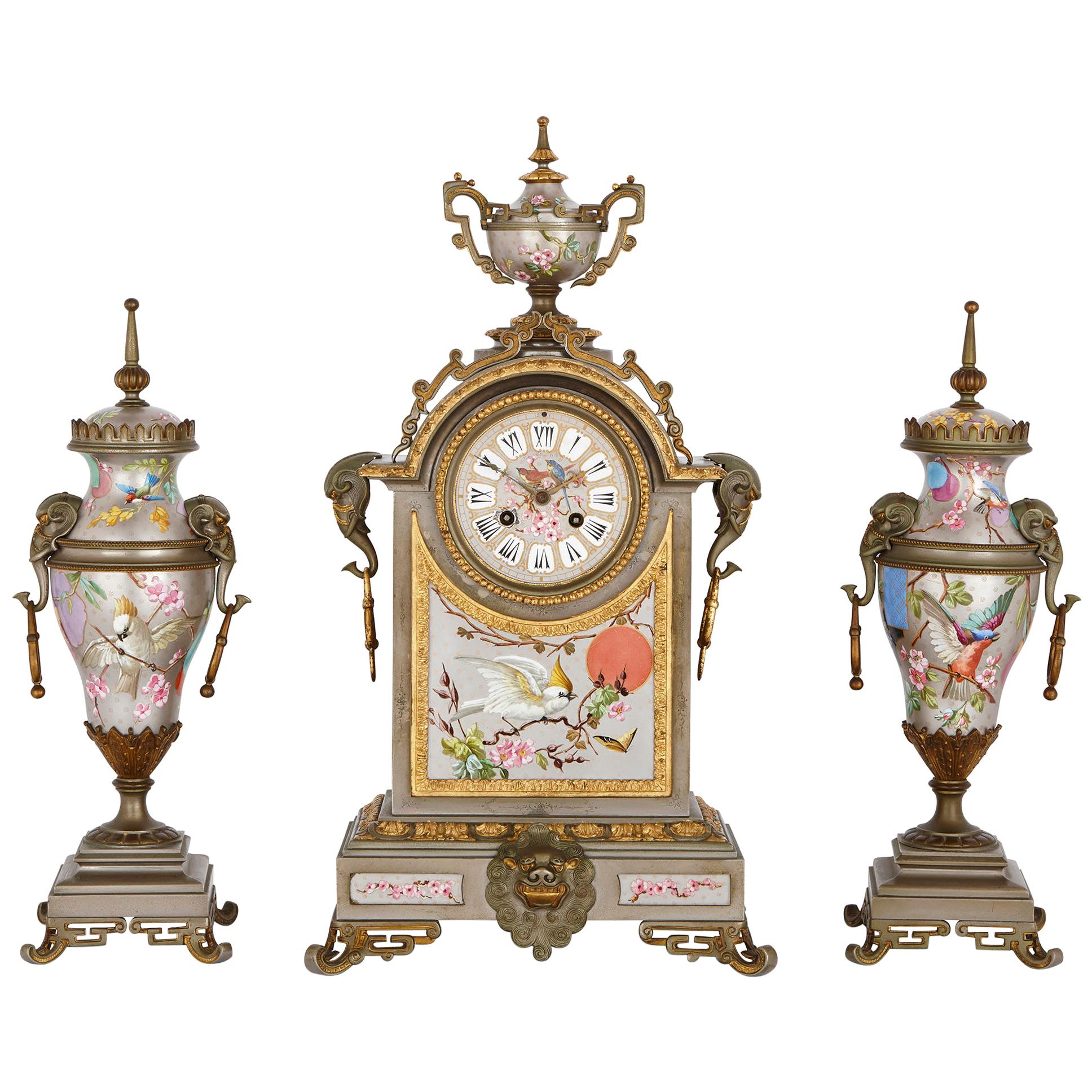 Antique French Porcelain, Gilt and Silvered Brass Clock Set For Sale