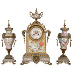 Antique French Porcelain, Gilt and Silvered Brass Clock Set