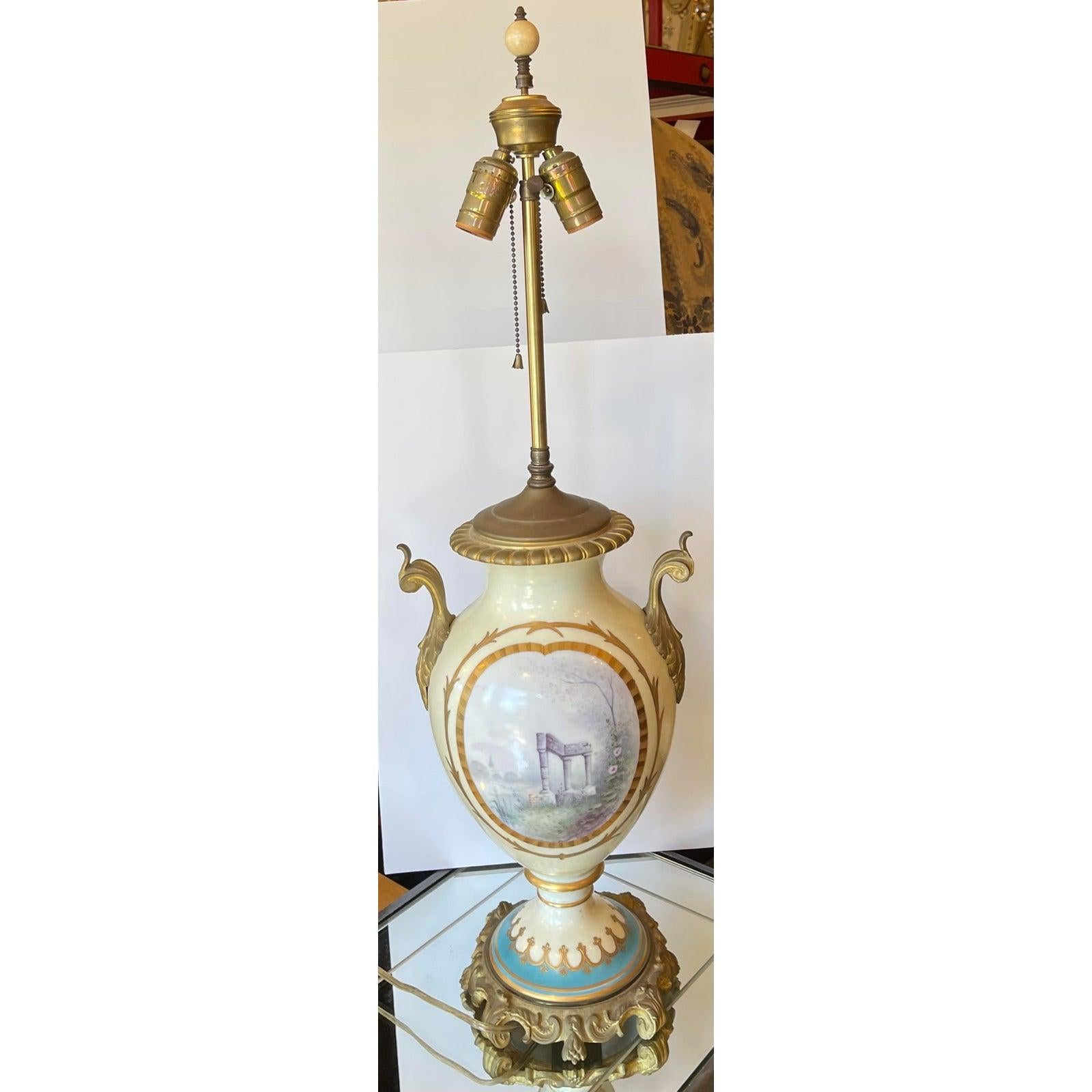 Louis XVI Antique French Porcelain & Gilt Bronze Serves Style Scenic Vase Table Lamp For Sale