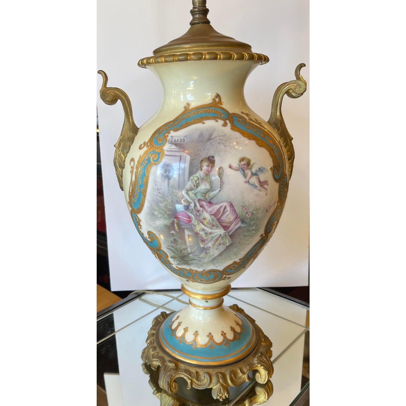 19th Century Antique French Porcelain & Gilt Bronze Serves Style Scenic Vase Table Lamp For Sale