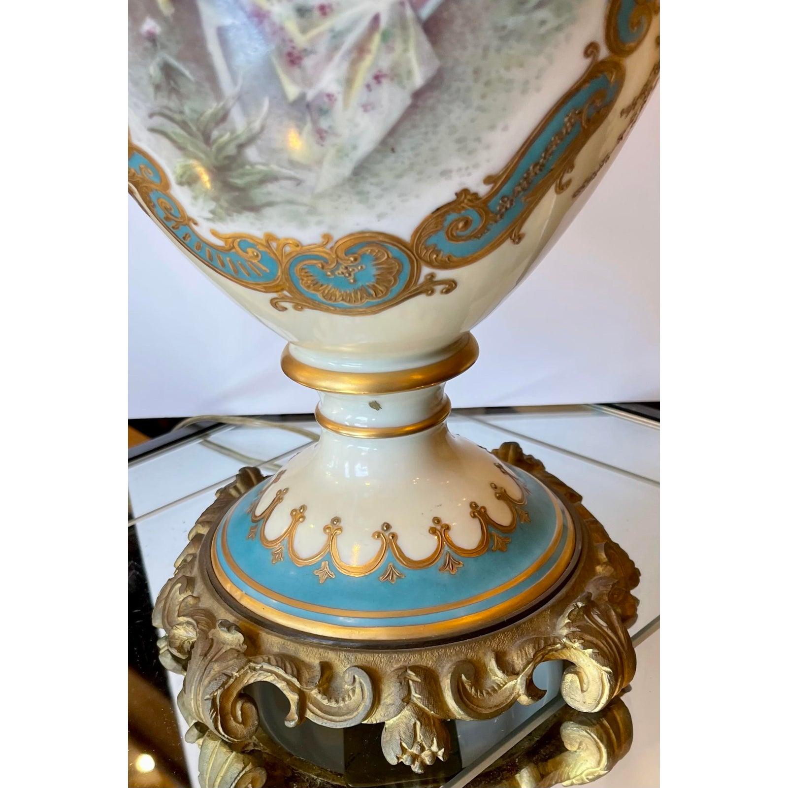 Antique French Porcelain & Gilt Bronze Serves Style Scenic Vase Table Lamp For Sale 1