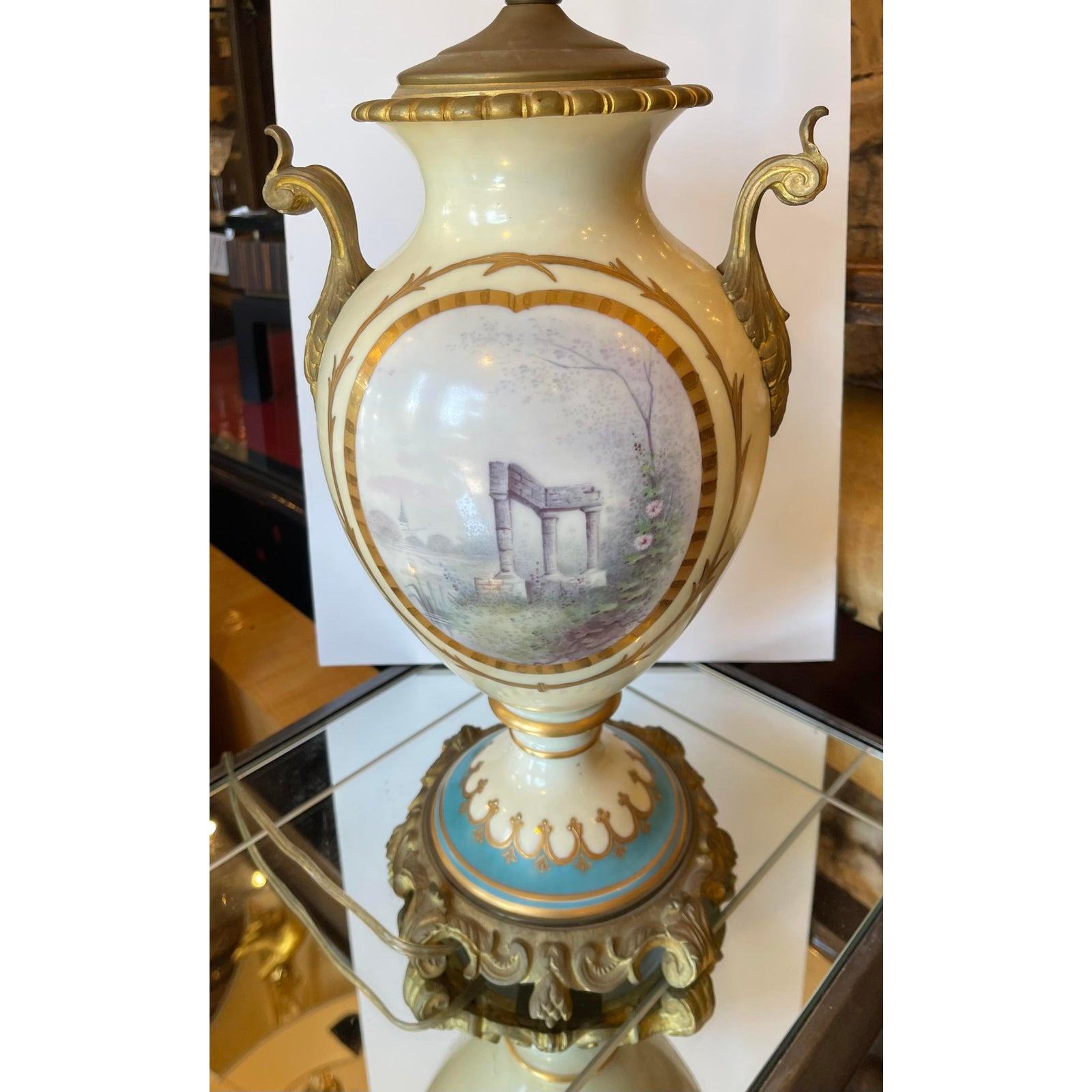 Antique French Porcelain & Gilt Bronze Serves Style Scenic Vase Table Lamp For Sale 2