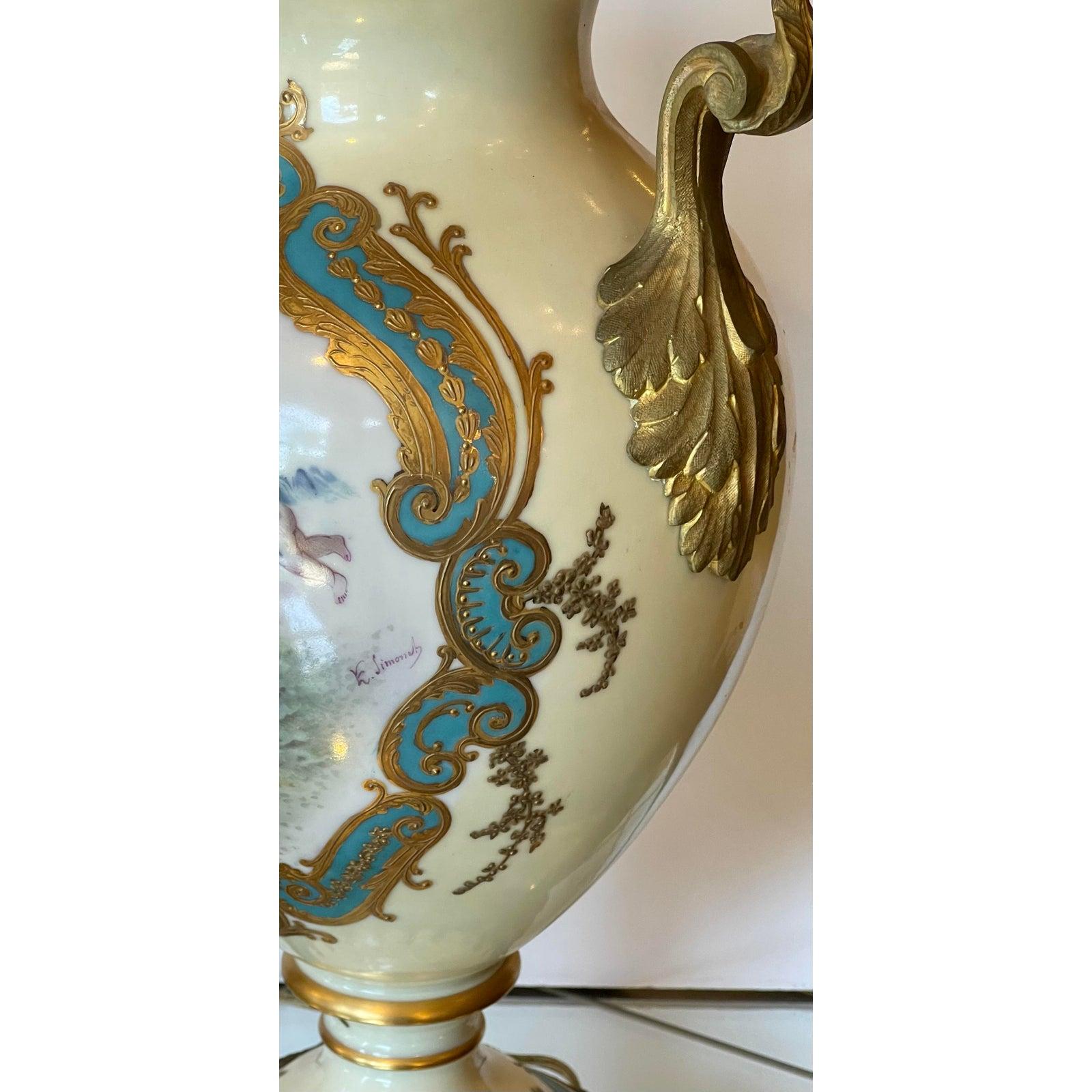Antique French Porcelain & Gilt Bronze Serves Style Scenic Vase Table Lamp For Sale 3