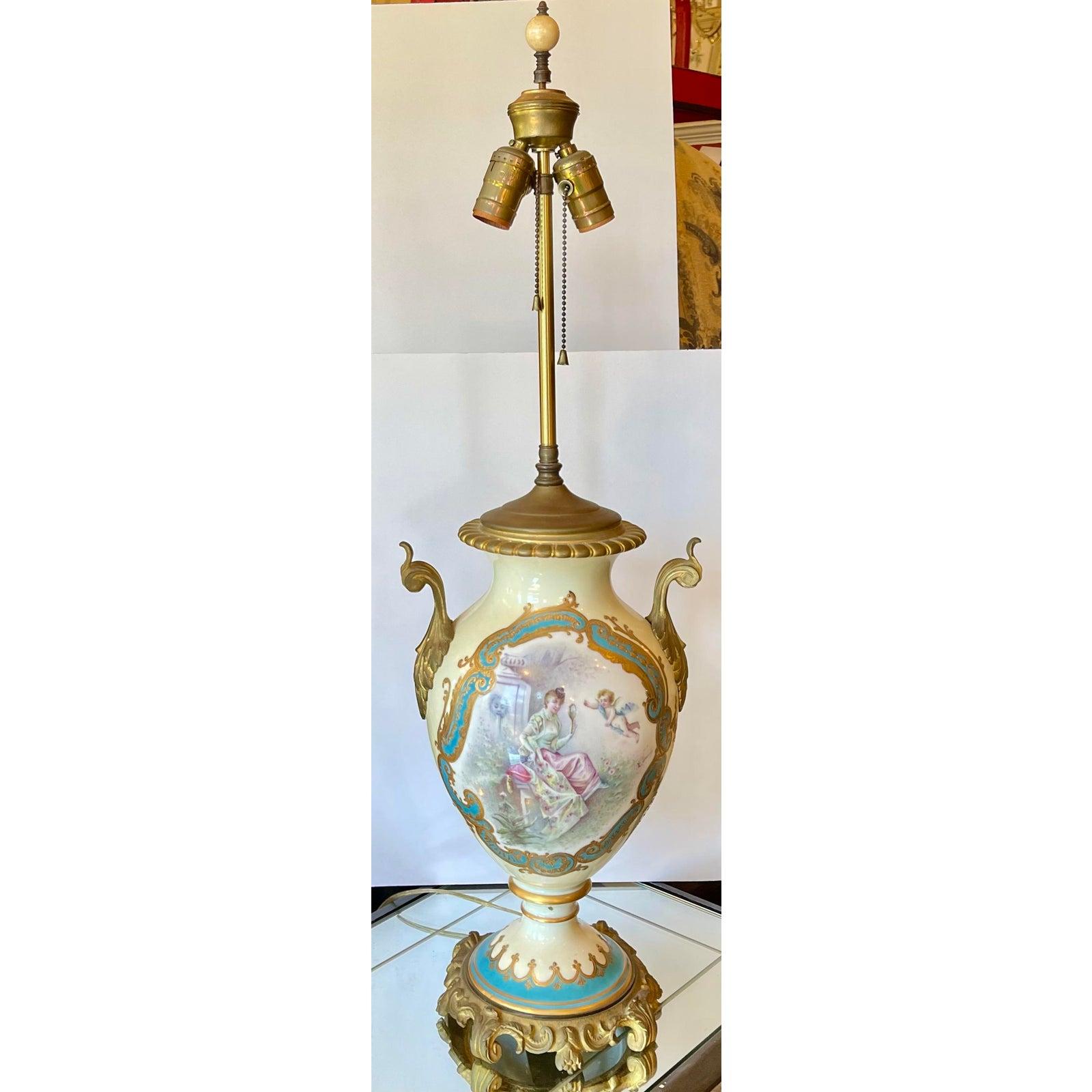 Antique French Porcelain & Gilt Bronze Serves Style Scenic Vase Table Lamp For Sale 4