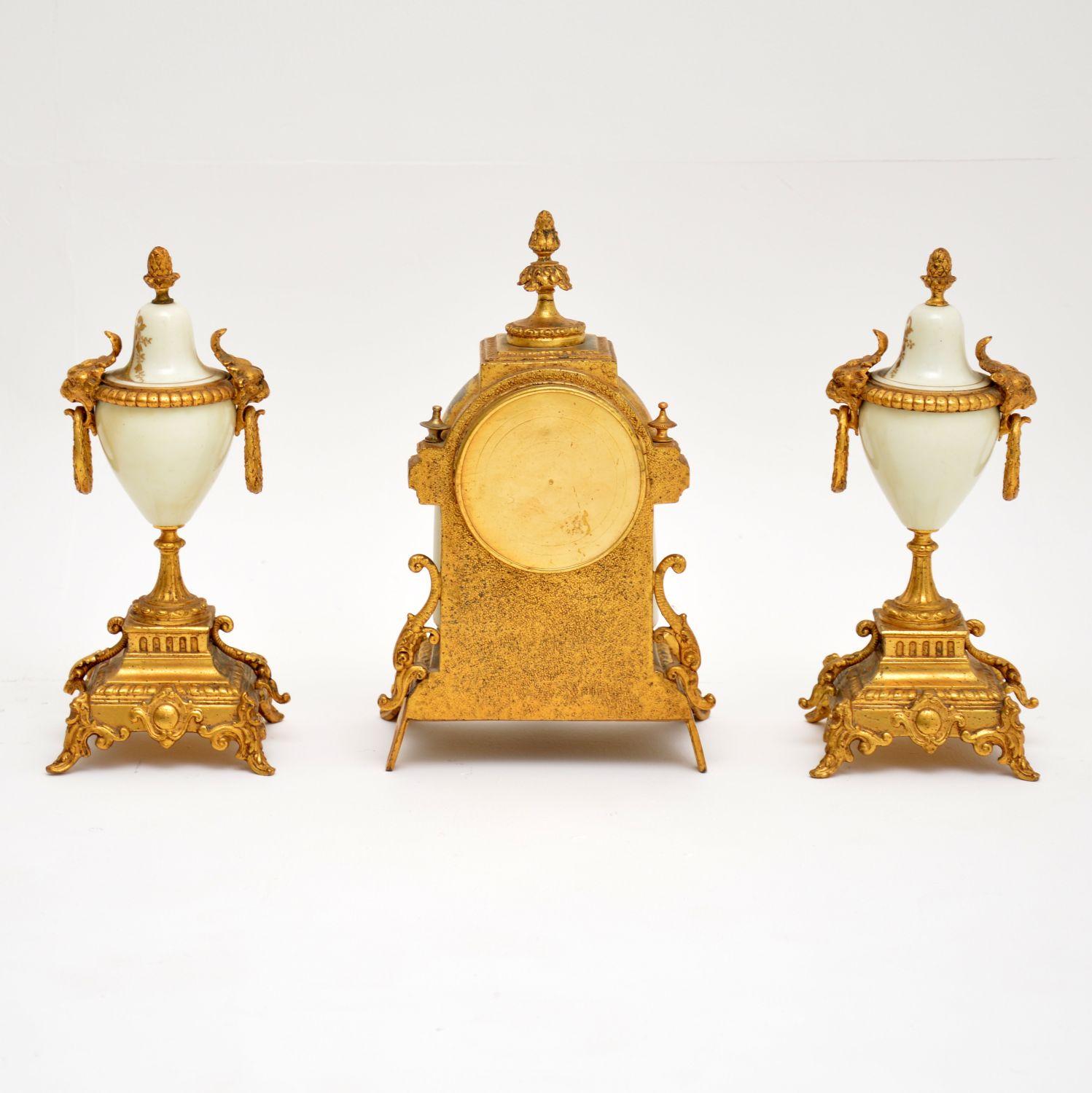Antique French Porcelain and Gilt Mantel Clock Set 4
