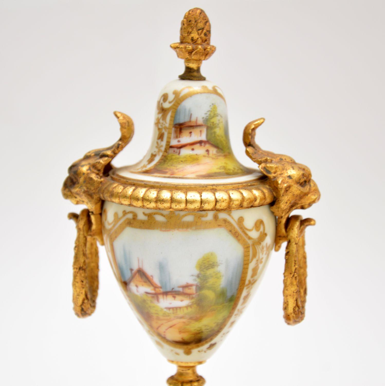 Louis XV Antique French Porcelain and Gilt Mantel Clock Set