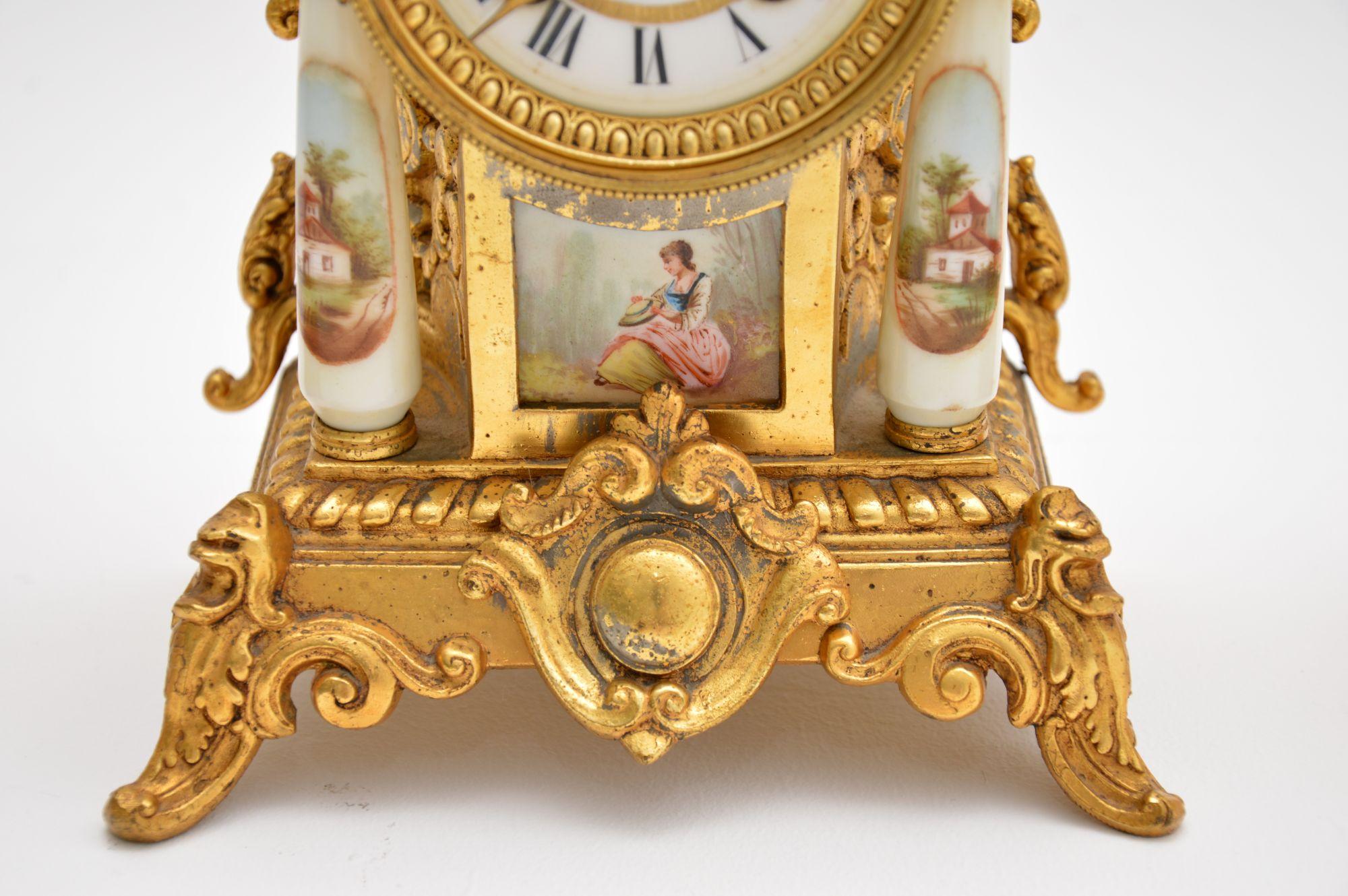 Antique French Porcelain and Gilt Mantel Clock Set 1