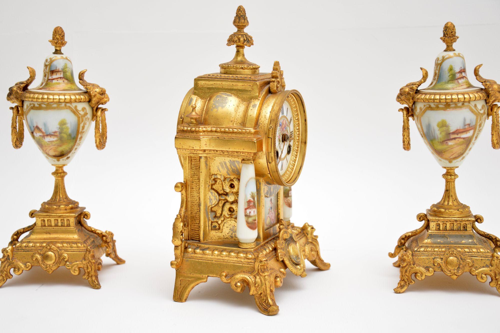 Antique French Porcelain and Gilt Mantel Clock Set 2