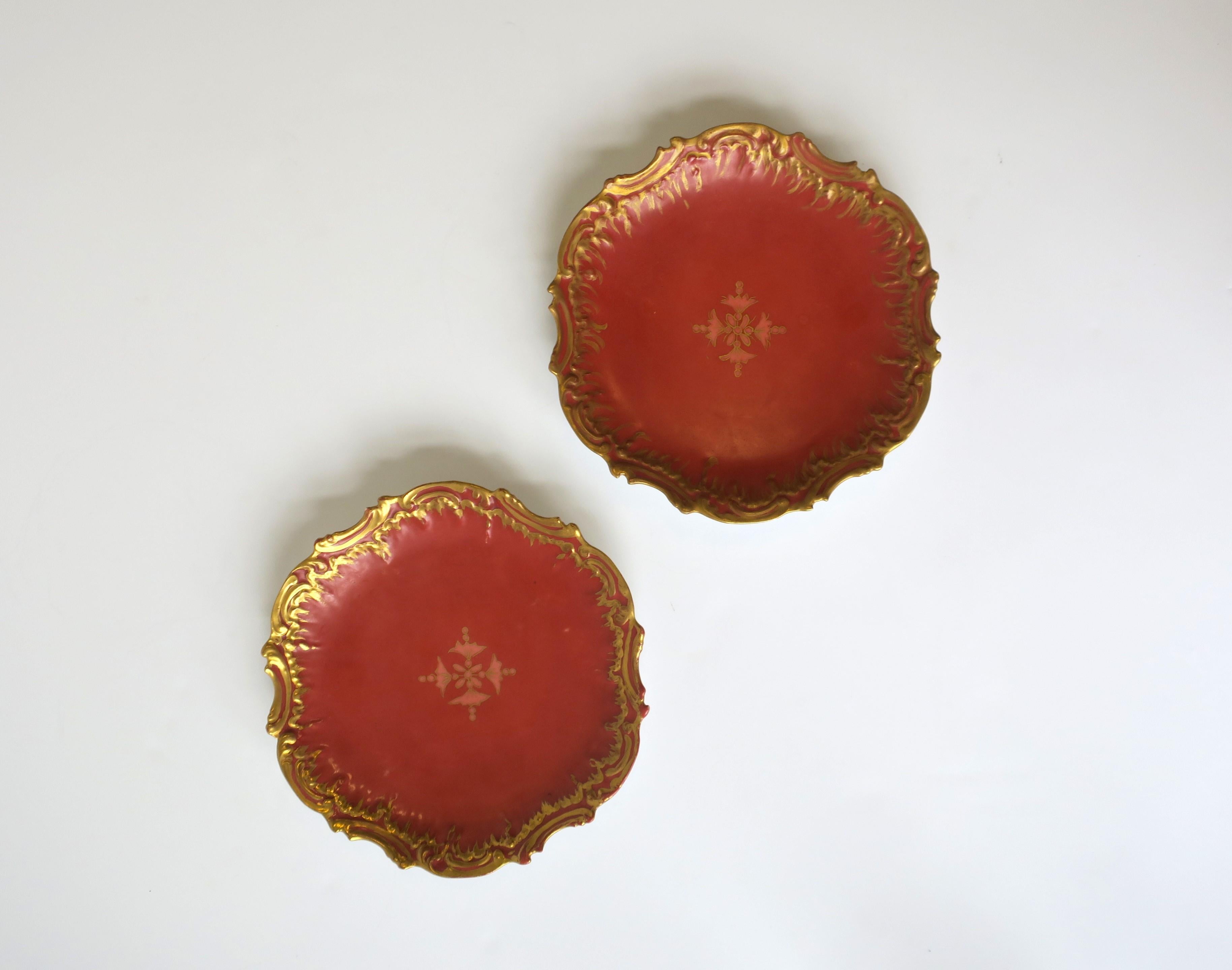 19th Century Antique French Porcelain Gold Pink & Terracotta Hue Plates, Set 2 For Sale