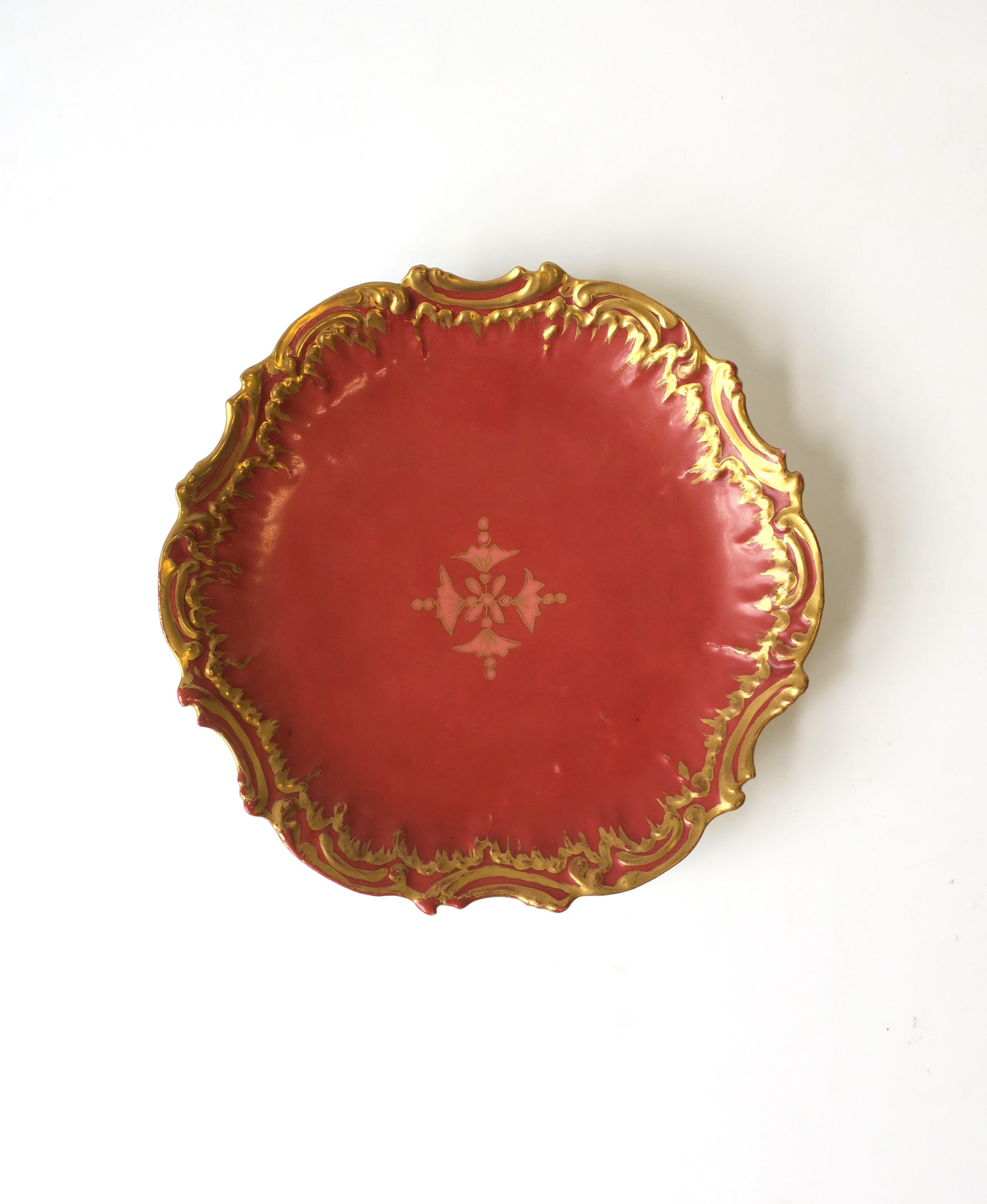 Antique French Porcelain Gold Pink & Terracotta Hue Plates, Set 2 For Sale 2