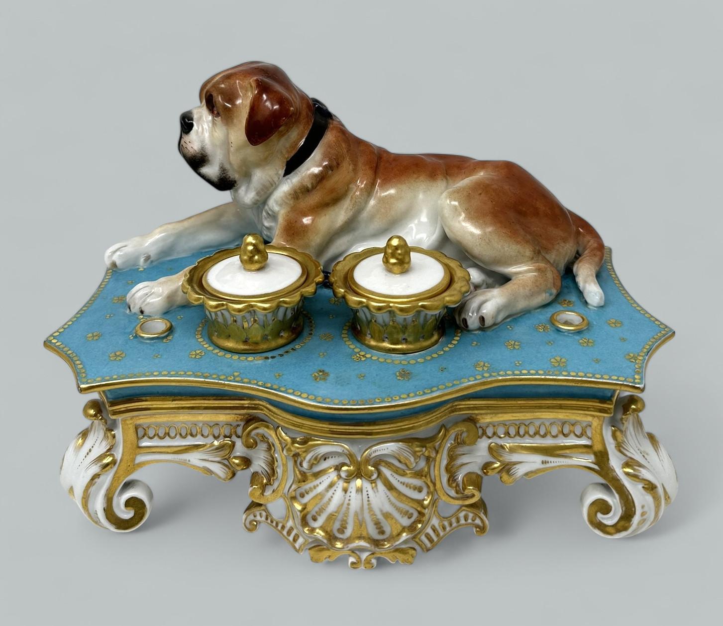 Stunning French Lavish Gilt Porcelain Ink Stand of Museum Quality and generous proportions, made by renowned French porcelain maker Jacob Petit. Last quarter of the Nineteenth Century, possibly earlier.  

The main frame of shaped rectangular form