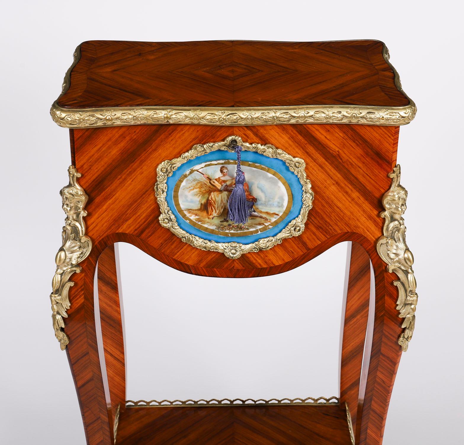 Placage Antique French Porcelain Mounted Side Occasional Work Table 19th Century en vente