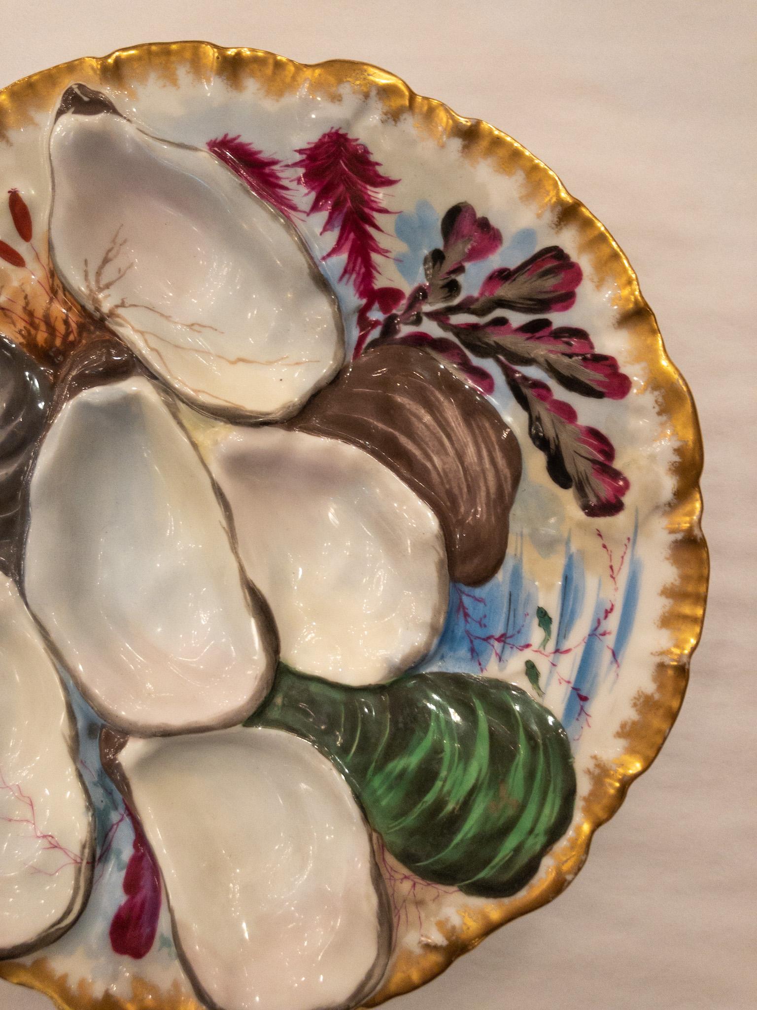 Hand-Painted Antique French Porcelain Oyster Plate Signed Haviland Limoges Co., circa 1890