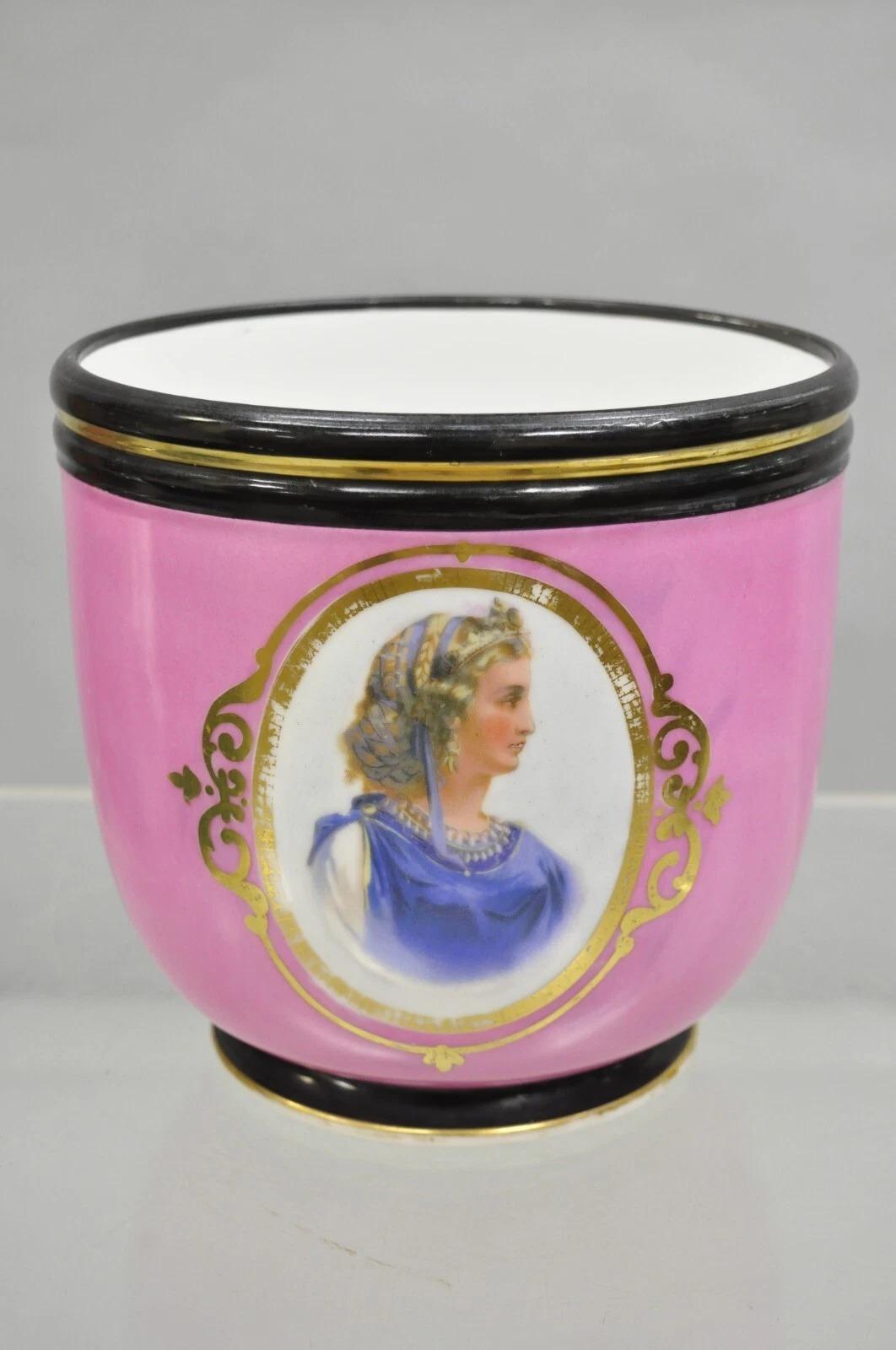 Antique French Porzellan Rosa Hand gemalt Porträt Cachepot Jardiniere Vase im Angebot 5