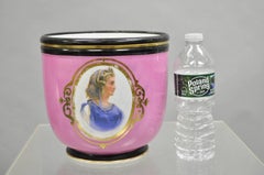 Antique French Porcelain Pink Hand Painted Portrait Cachepot Jardiniere Vase