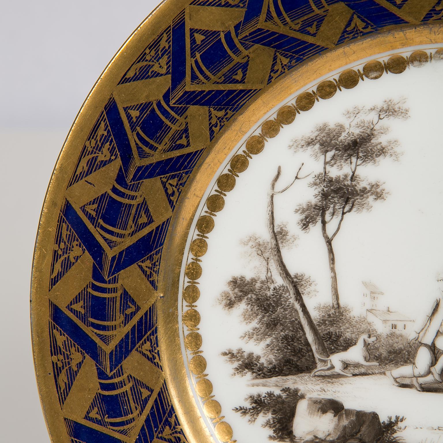 Empire  Late 18th Century Dagoty French Porcelain Plate Cobalt Blue Children Playing For Sale