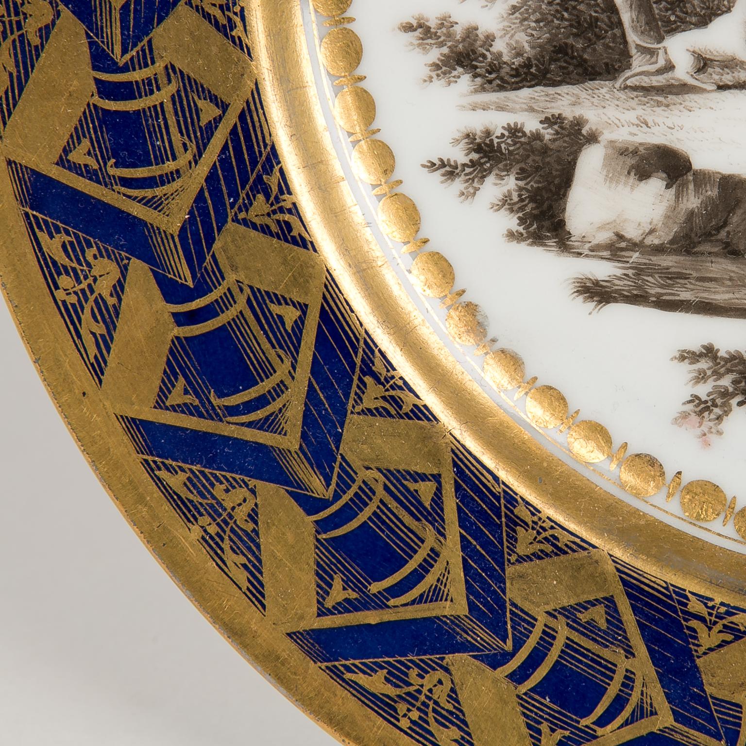 Hand-Painted  Late 18th Century Dagoty French Porcelain Plate Cobalt Blue Children Playing For Sale