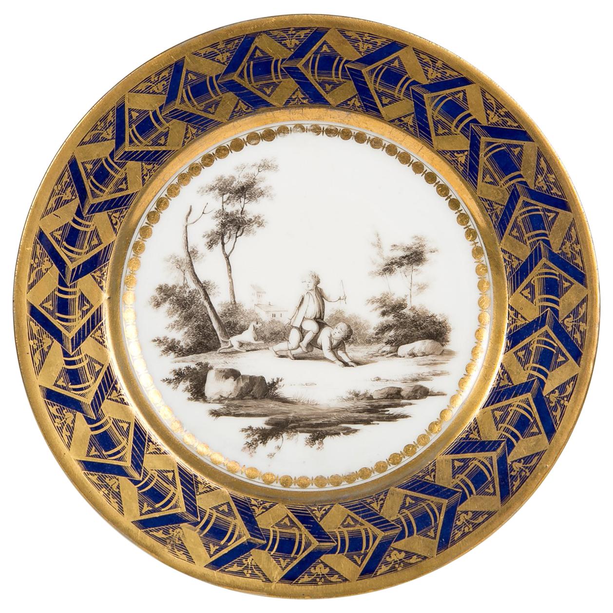  Late 18th Century Dagoty French Porcelain Plate Cobalt Blue Children Playing