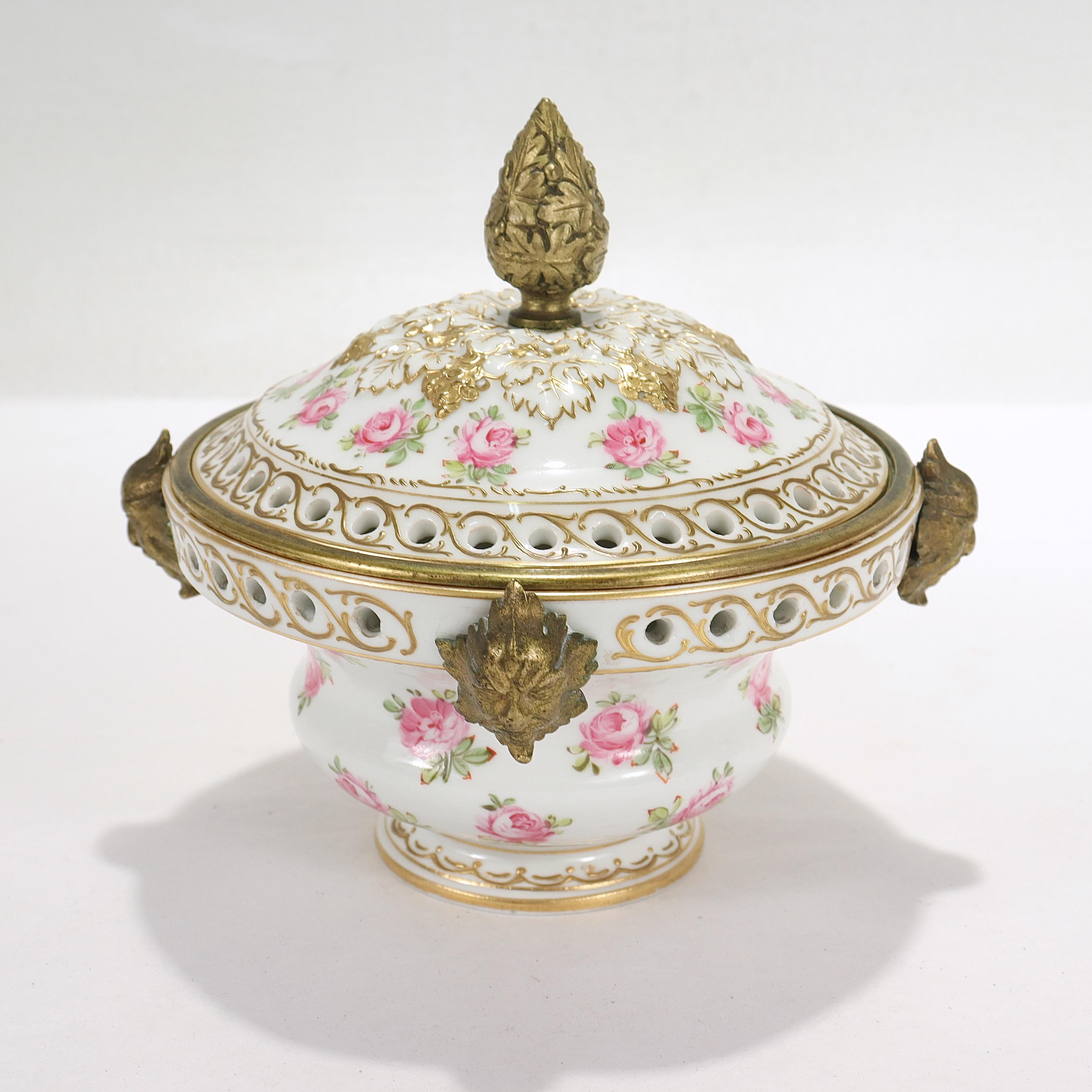 Rococo Antique French Porcelain Sevres Type Bronze Mounted Potpourri Cachepot For Sale