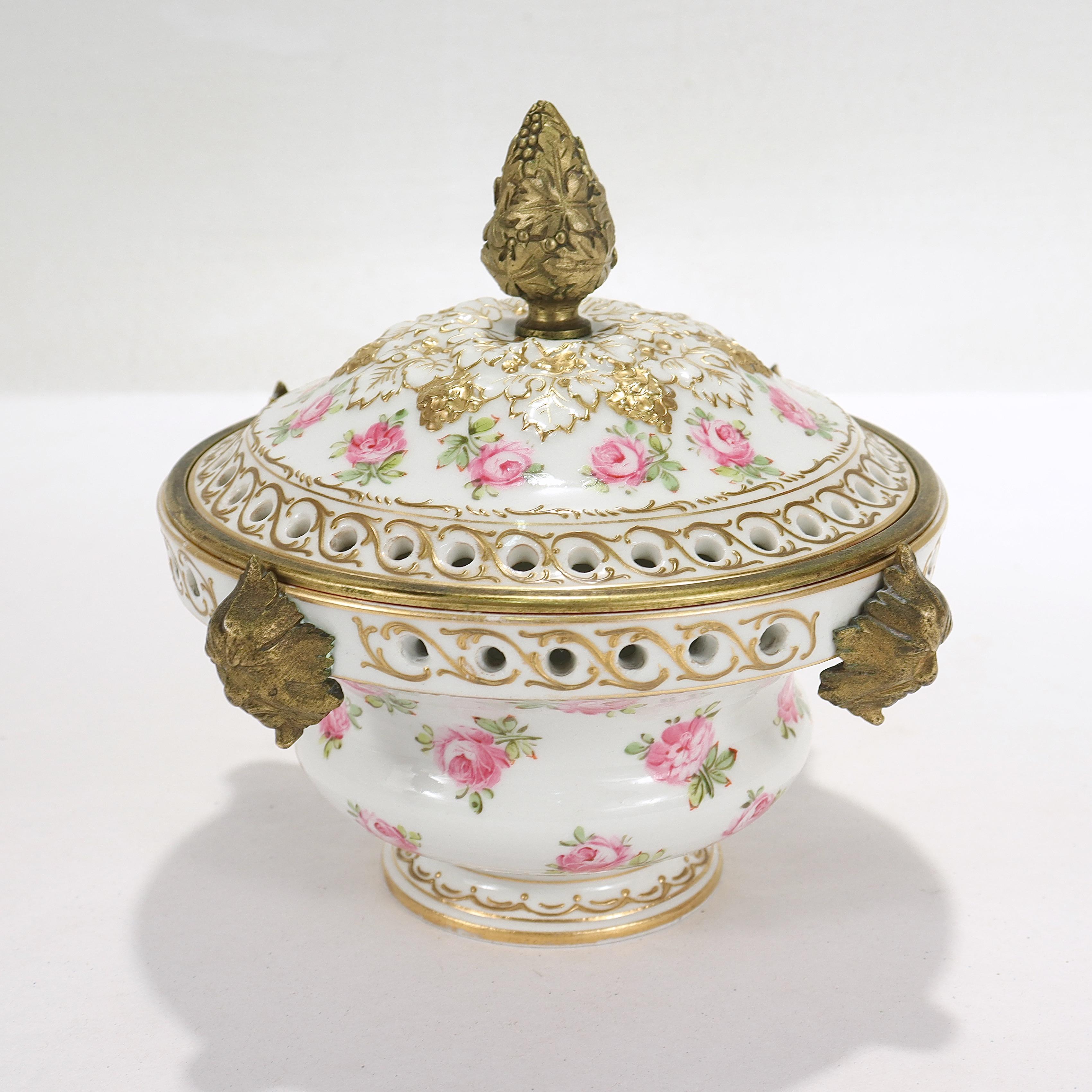 Antique French Porcelain Sevres Type Bronze Mounted Potpourri Cachepot In Good Condition For Sale In Philadelphia, PA