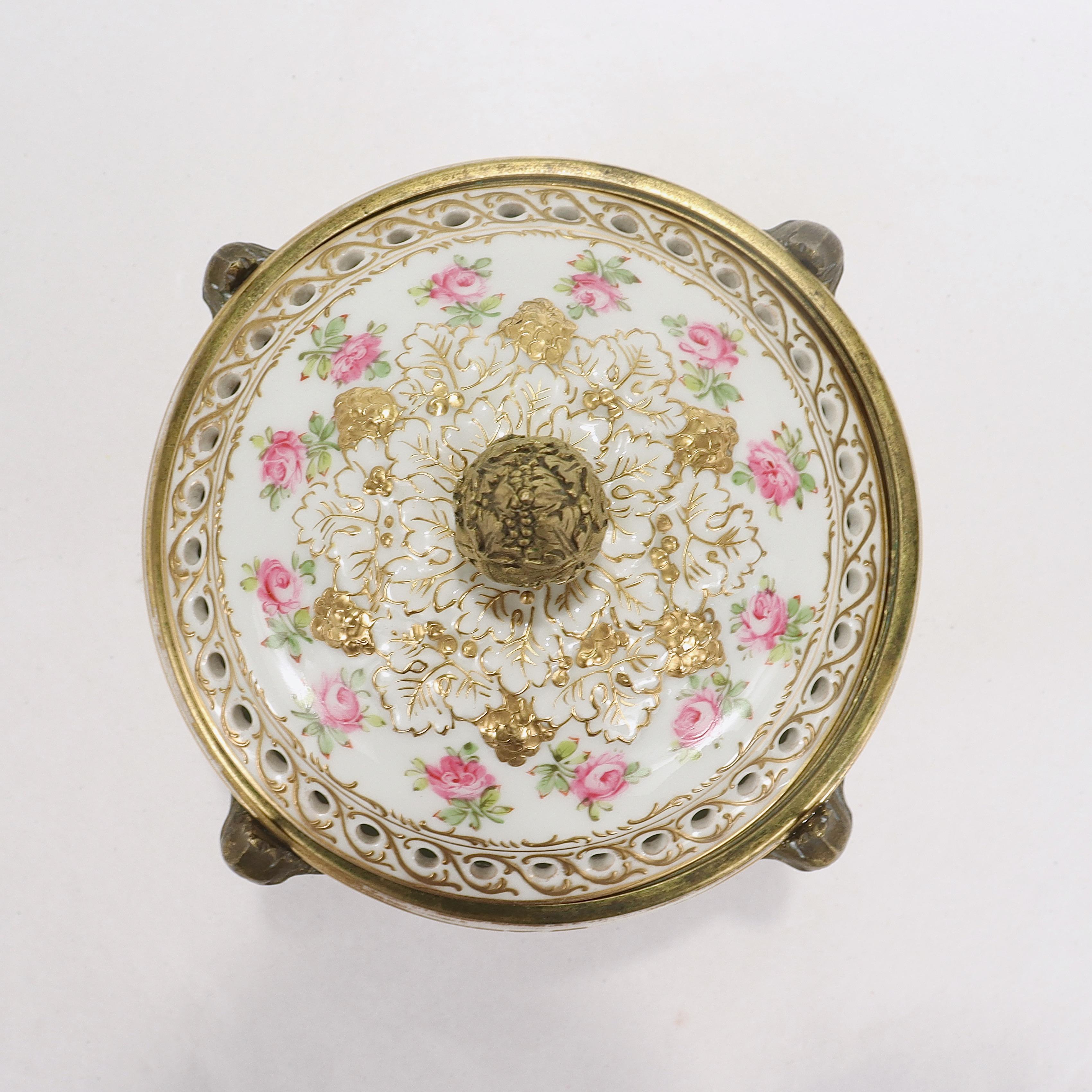 20th Century Antique French Porcelain Sevres Type Bronze Mounted Potpourri Cachepot For Sale