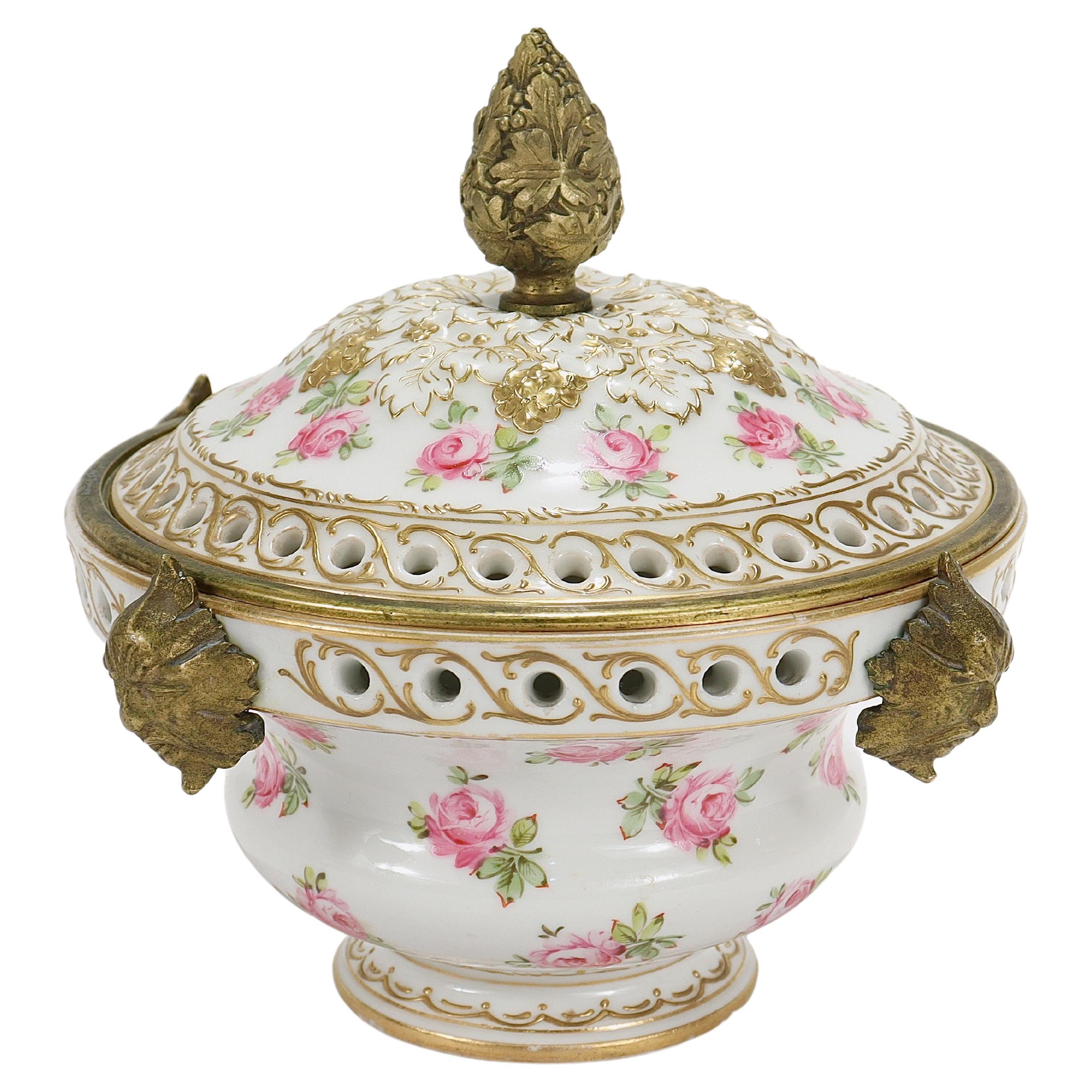 Antique French Porcelain Sevres Type Bronze Mounted Potpourri Cachepot For Sale
