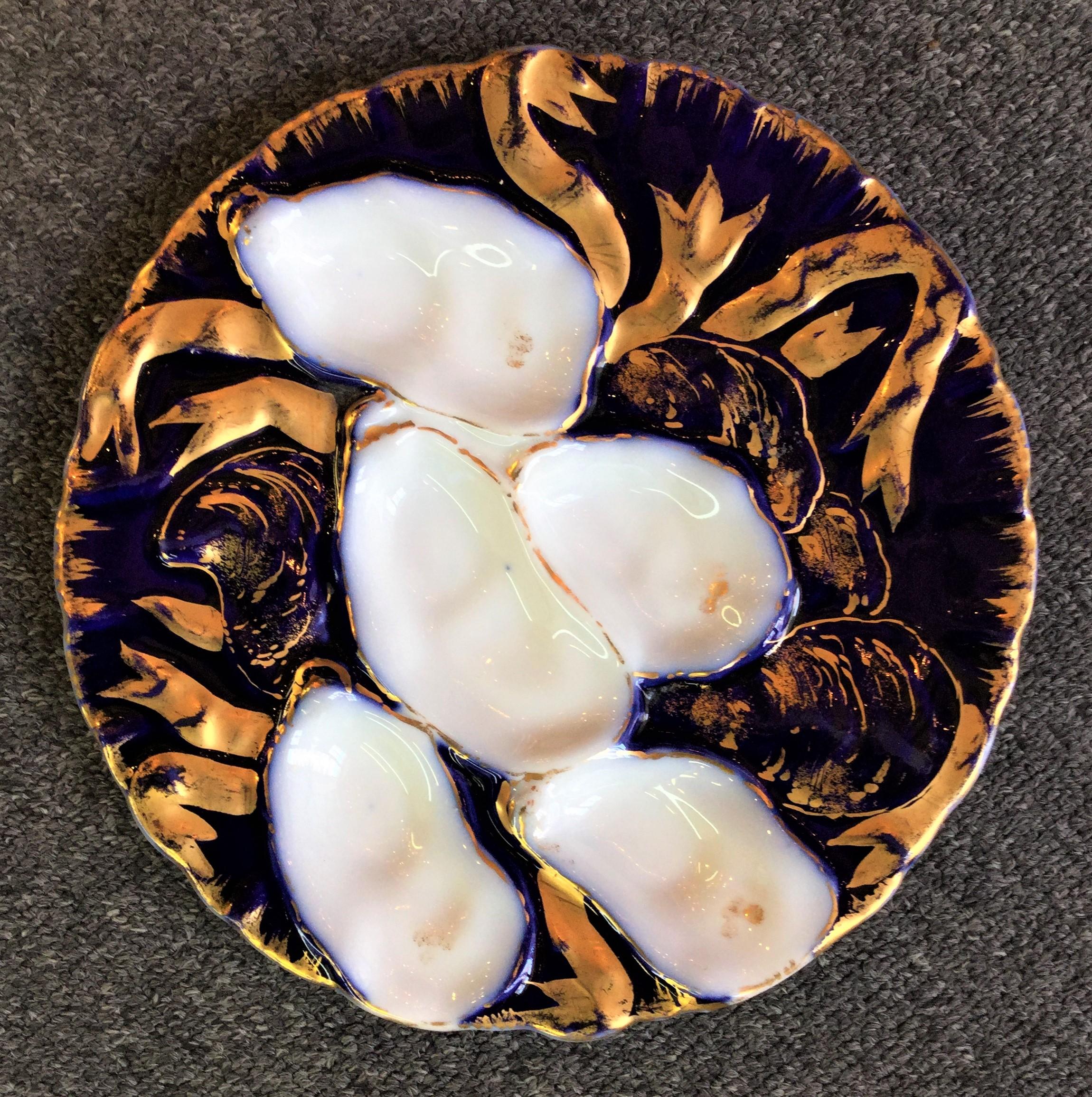 Antique French porcelain Turkey pattern oyster plate made for D. Collamore Co., circa 1890-1900.