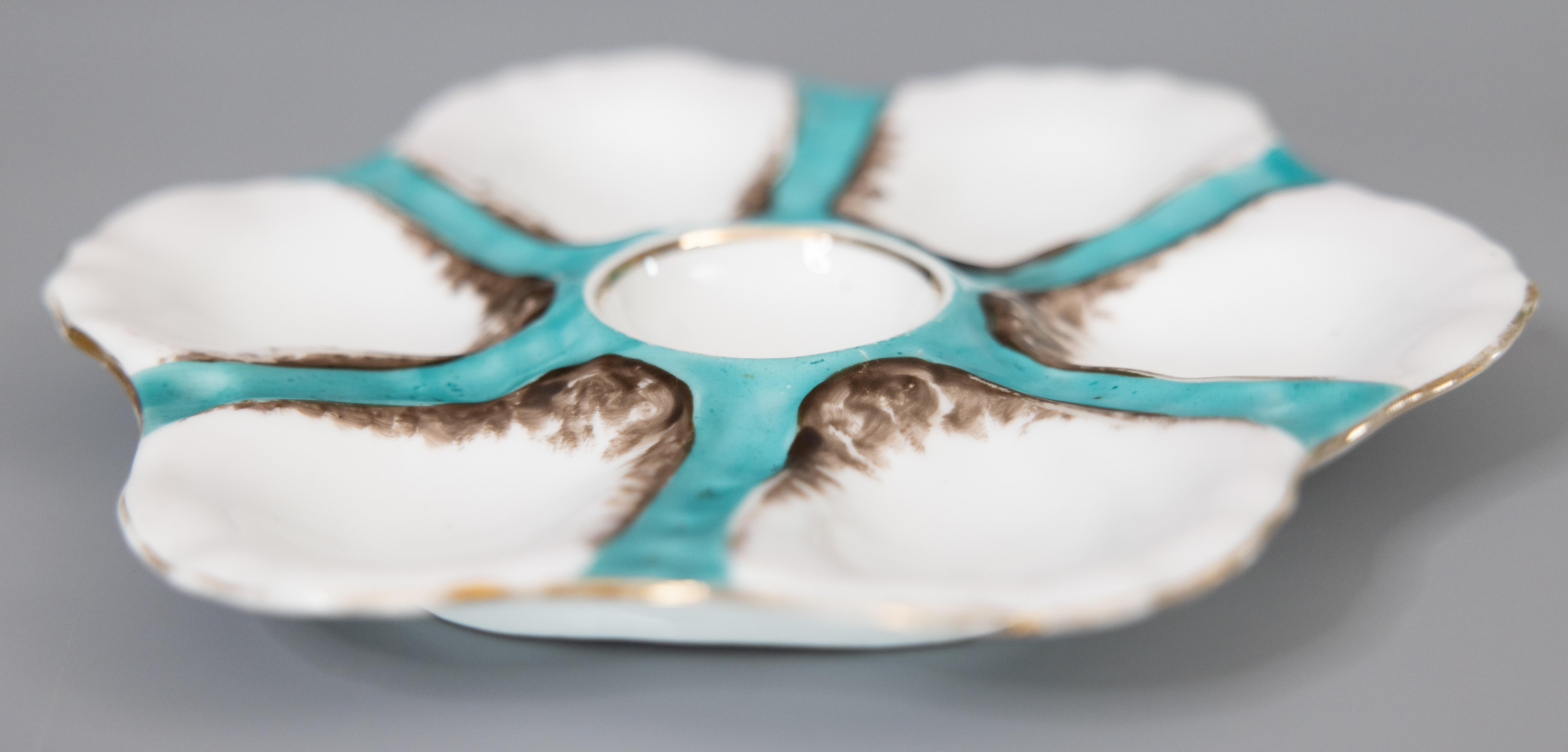 Hand-Painted Antique French Porcelain Turquoise Oyster Plate For Sale