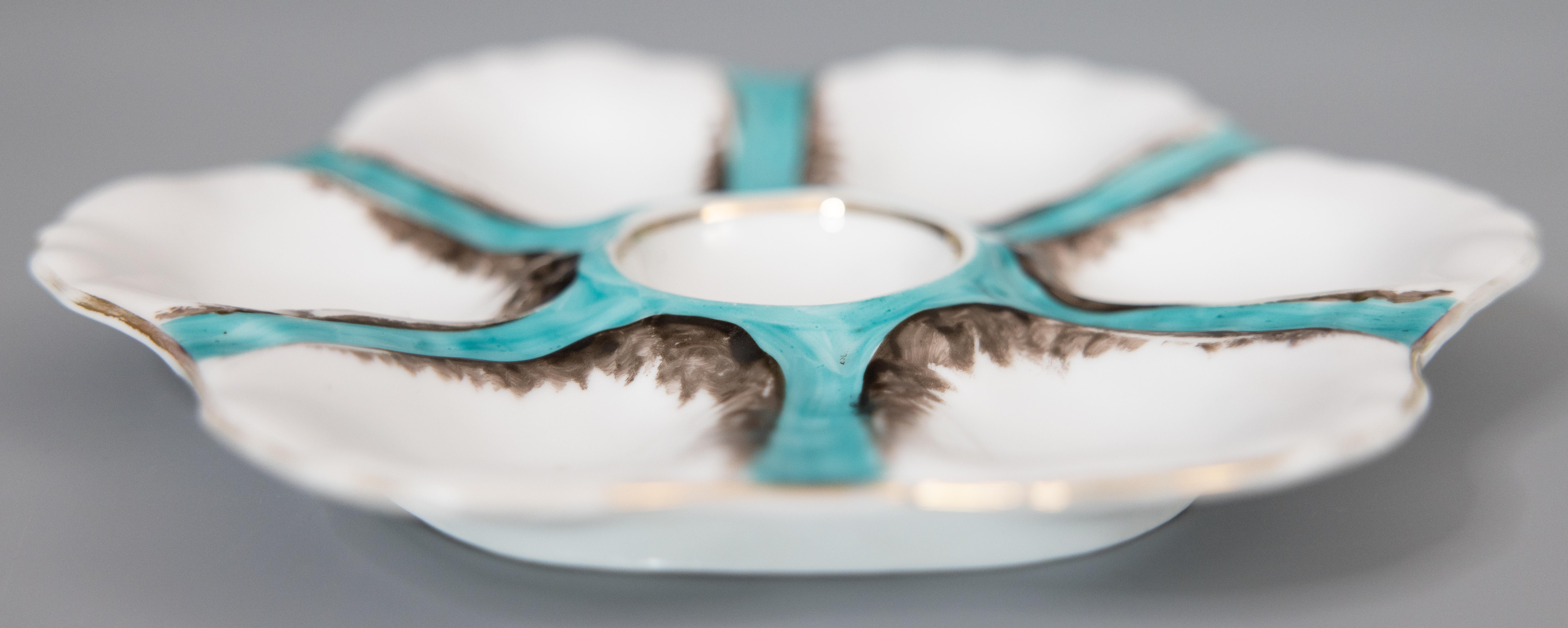 Antique French Porcelain Turquoise Oyster Plate In Good Condition For Sale In Pearland, TX