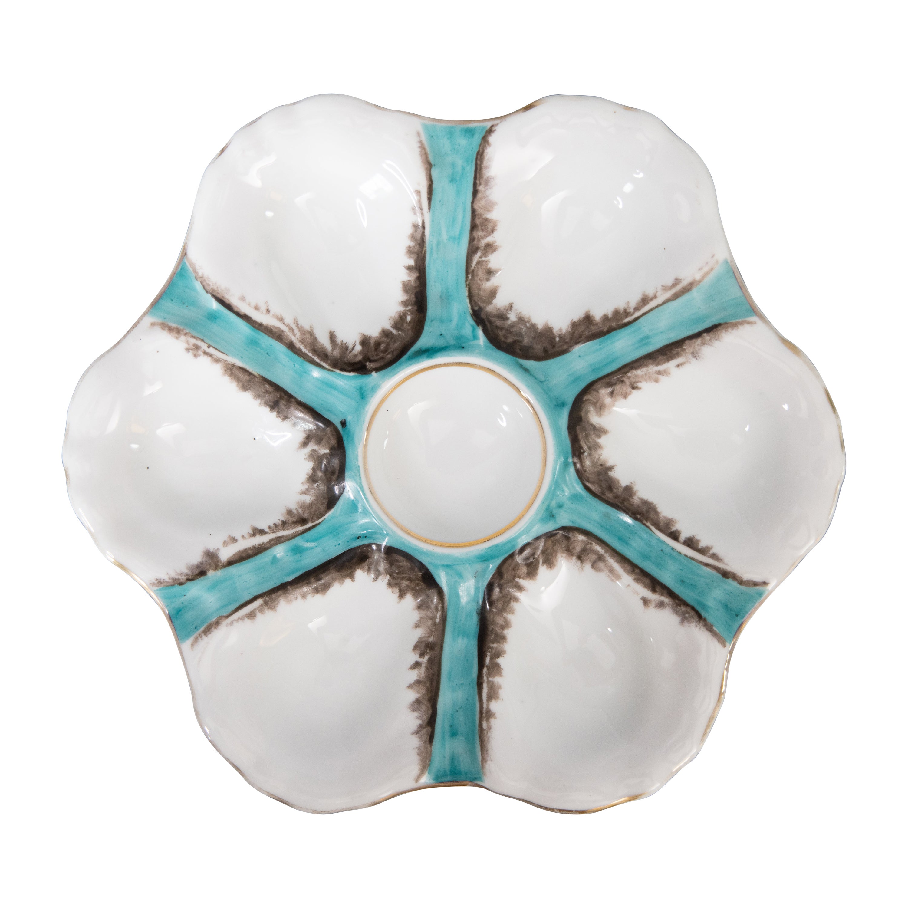 Assiette à huîtres ancienne en porcelaine française turquoise en vente