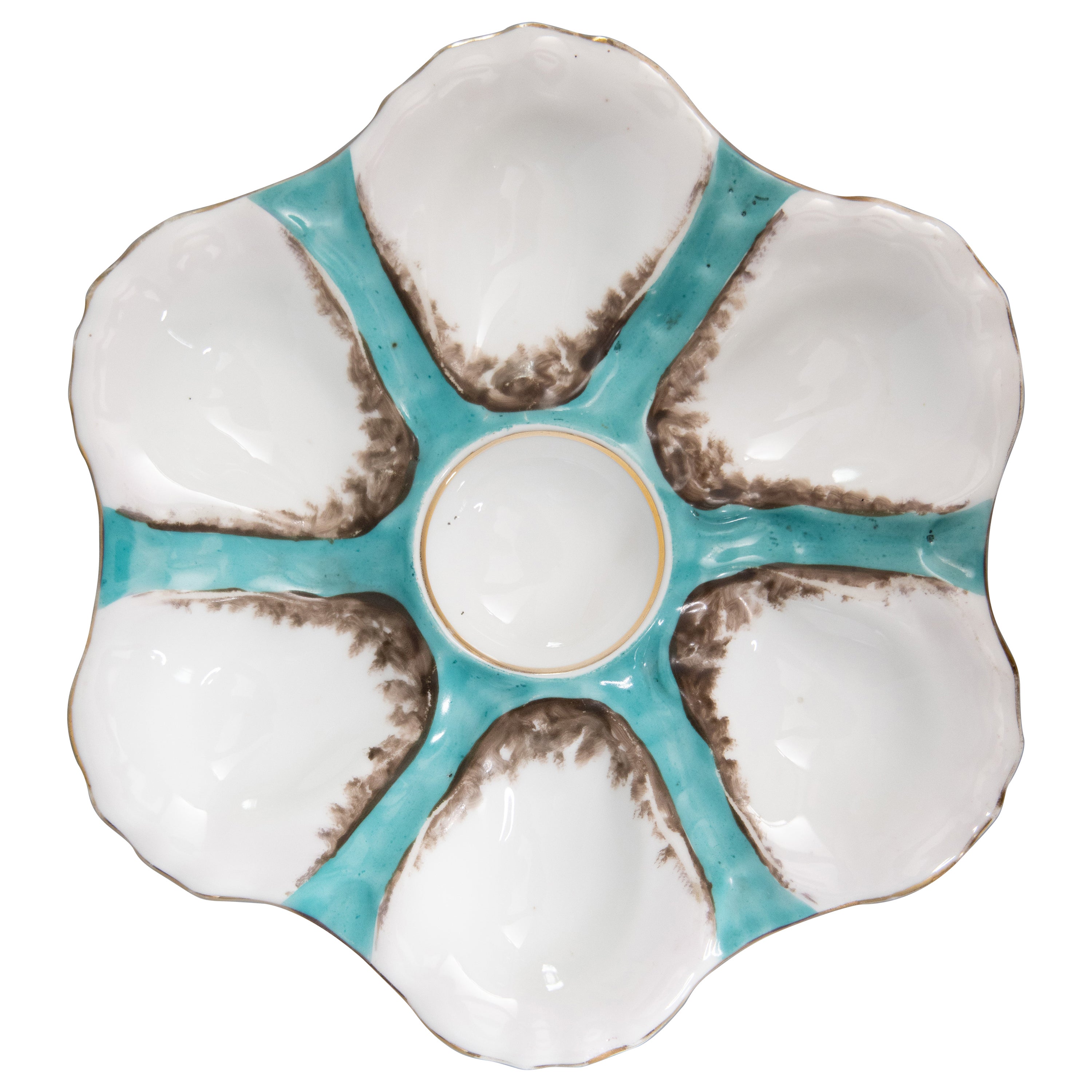 Assiette à huîtres ancienne en porcelaine française turquoise