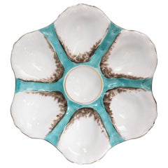 Assiette à huîtres ancienne en porcelaine française turquoise