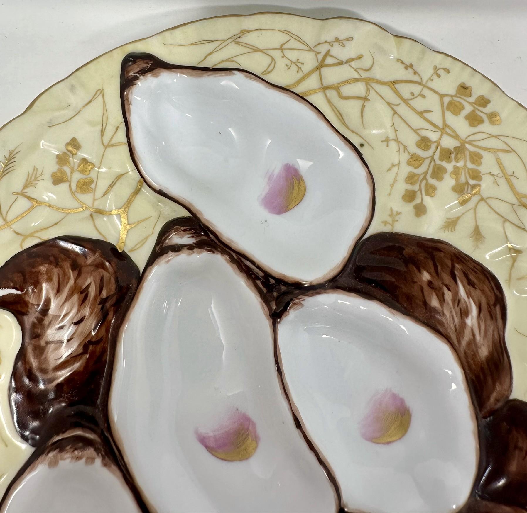 Francese Antique French Porcelain Yellow & Gold Turkey Pattern Oyster Plate, CIRCA 1880 in vendita
