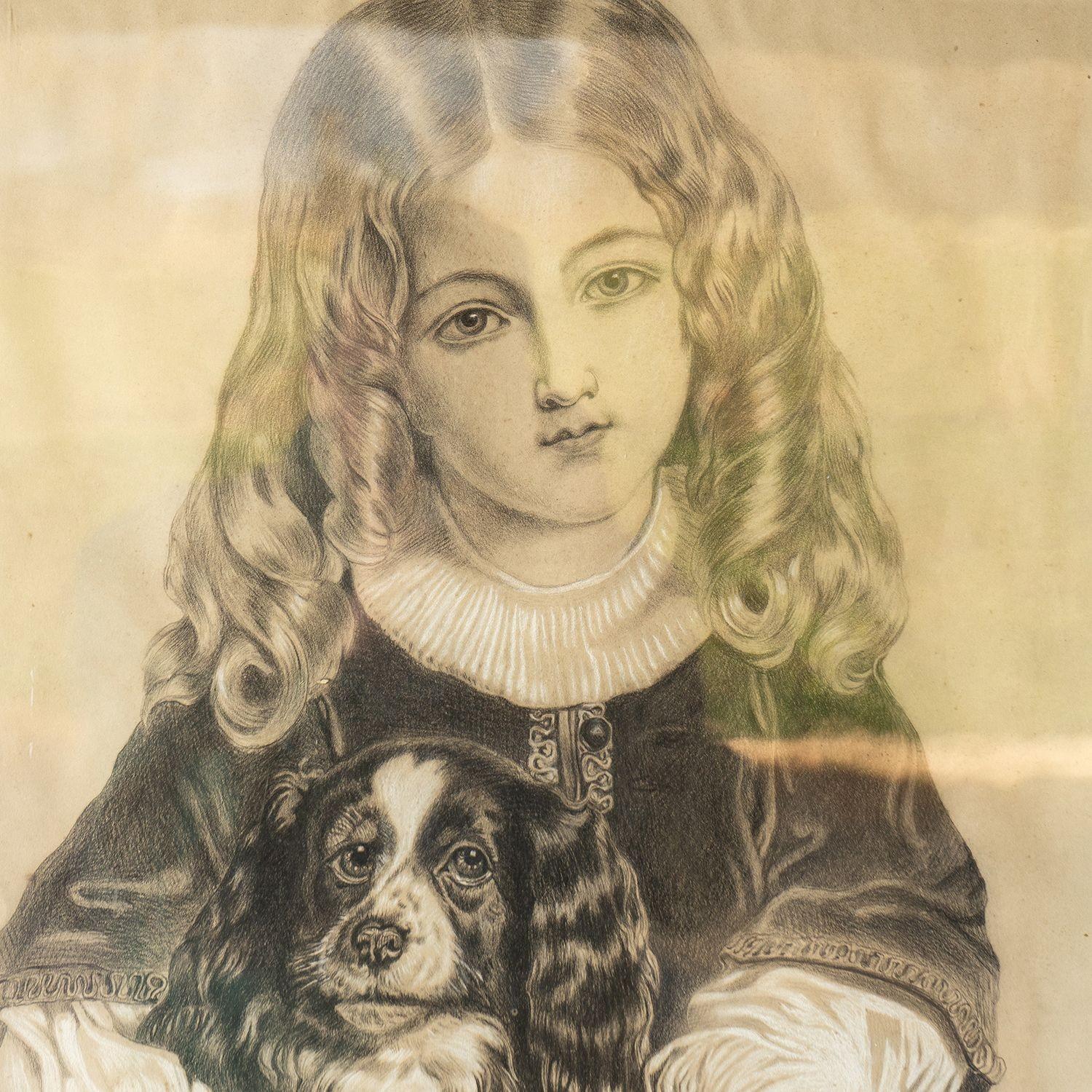 Paper Antique French Original Portrait Drawing of a Girl and a Spaniel, 19th Century For Sale