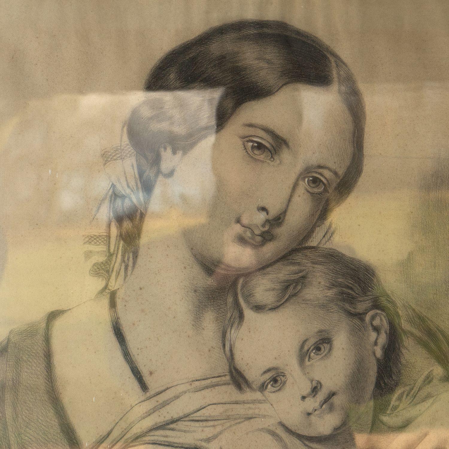 Fait main Ancien dessin de portrait français d'une mère et d'un Child & Child, 19ème siècle en vente