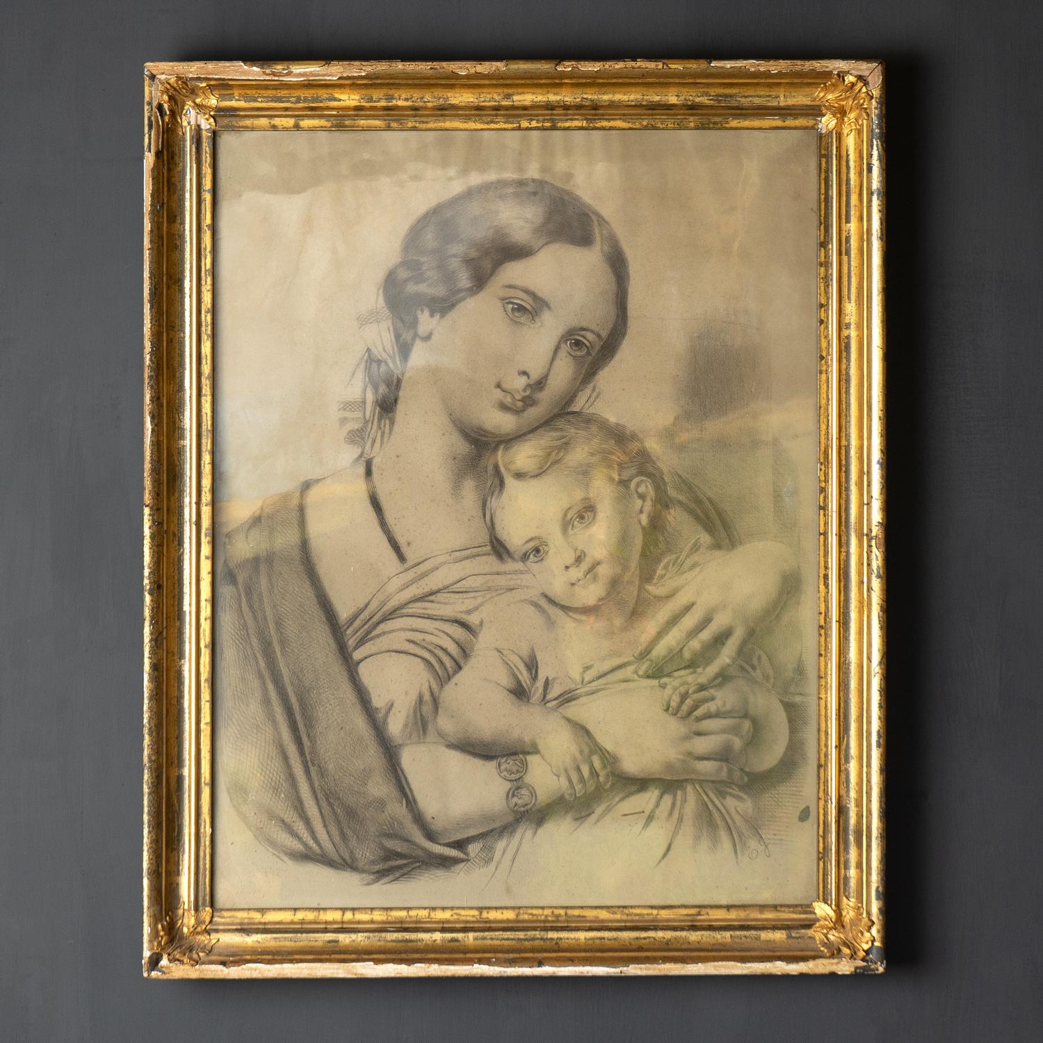 Antique Original Charcoal and Chalk Study Depicting a Woman and Her Baby

An extremely charming portrait study sensitively and skillfully executed.

Framed and glazed in its original gilt frame.

The drawing is in good vintage condition with some