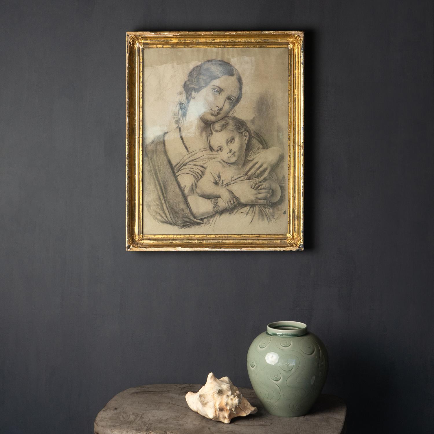 Hand-Crafted Antique French Portrait Drawing of a Mother and Child, 19th Century For Sale