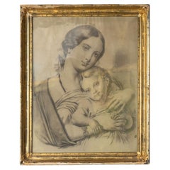 Antique French Portrait Drawing of a Mother and Child, 19th Century