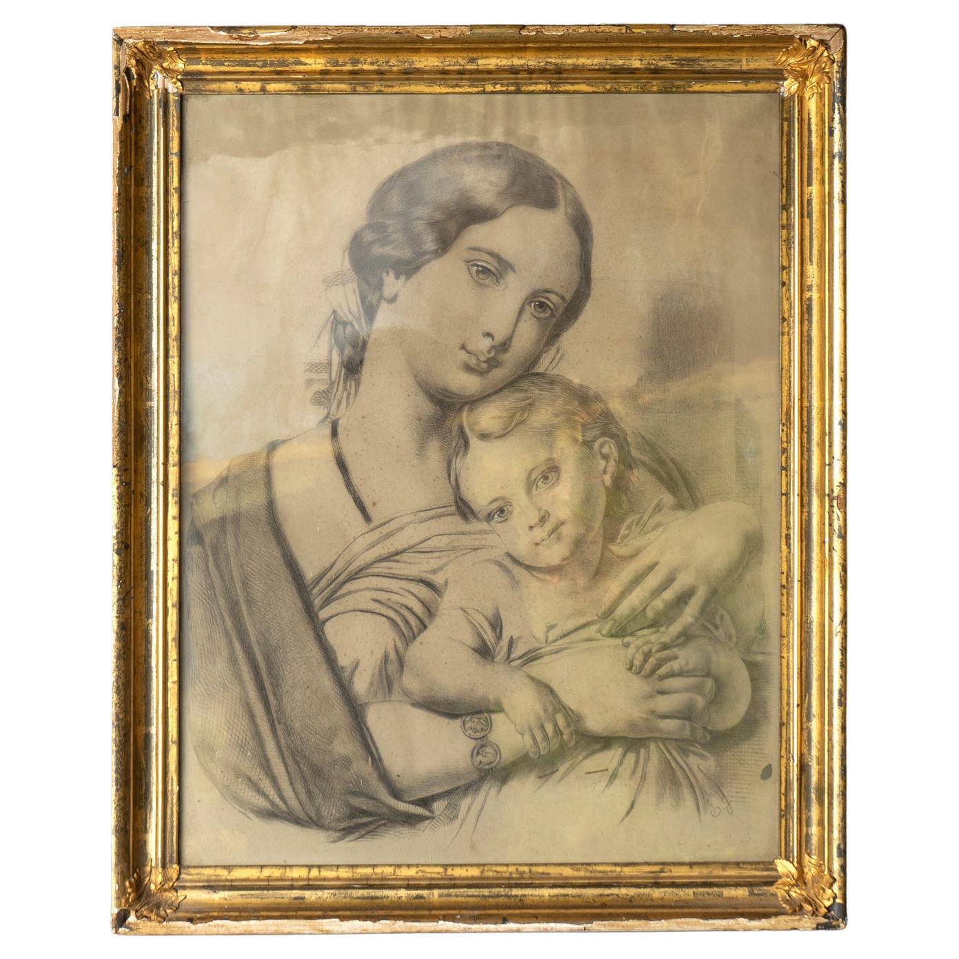 Ancien dessin de portrait français d'une mère et d'un Child & Child, 19ème siècle en vente