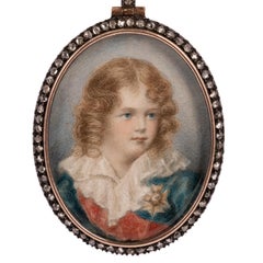 Antique French Portrait Miniature Painting Napoleon II 18k Gold Silver Diamonds