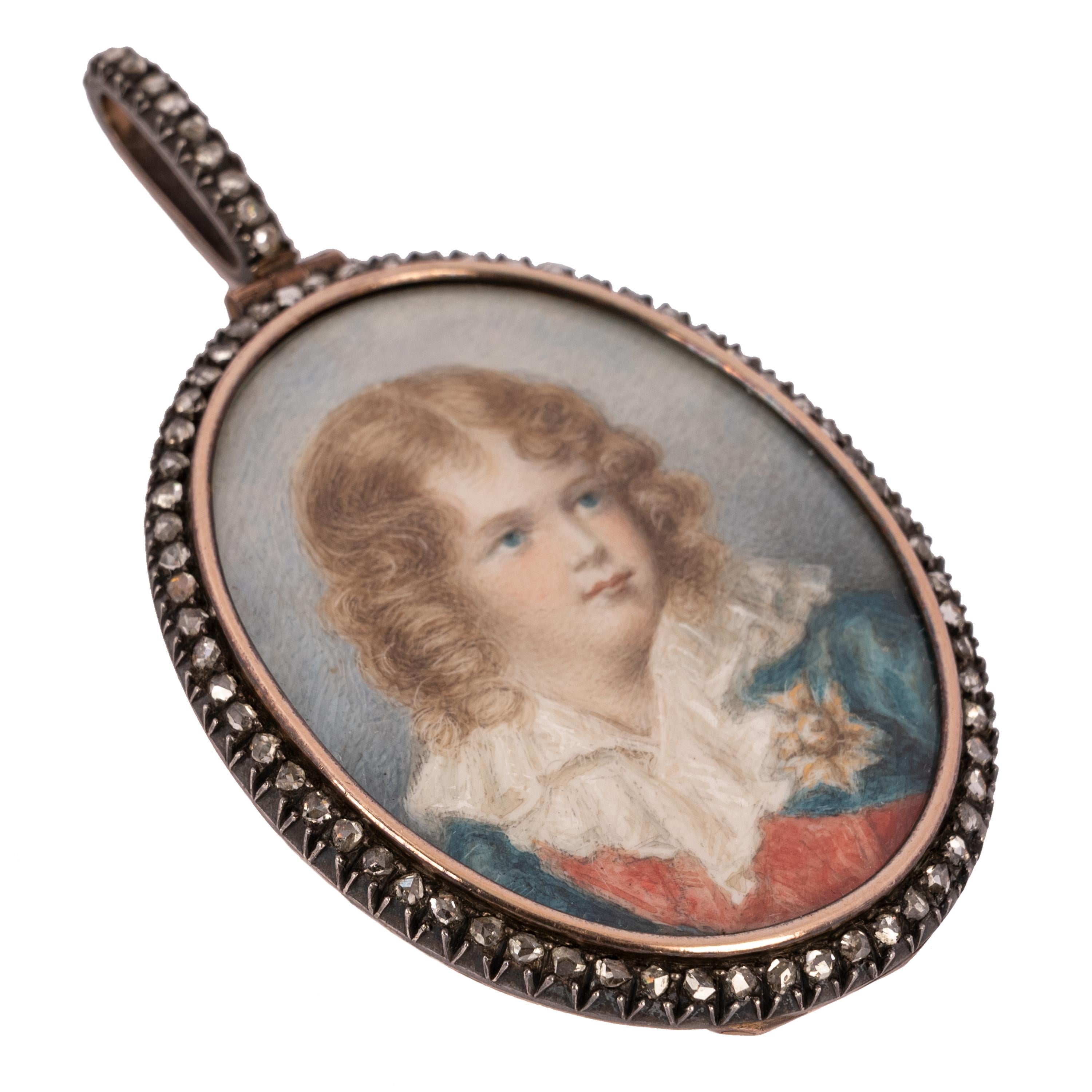 Romantique Antique French Portrait Miniature Painting Napoleon II 18k Gold Silver Diamonds en vente